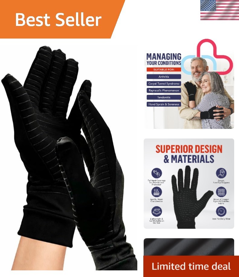 Stylish Black Open Finger Arthritis Gloves with Handbook – Large Size Comfort