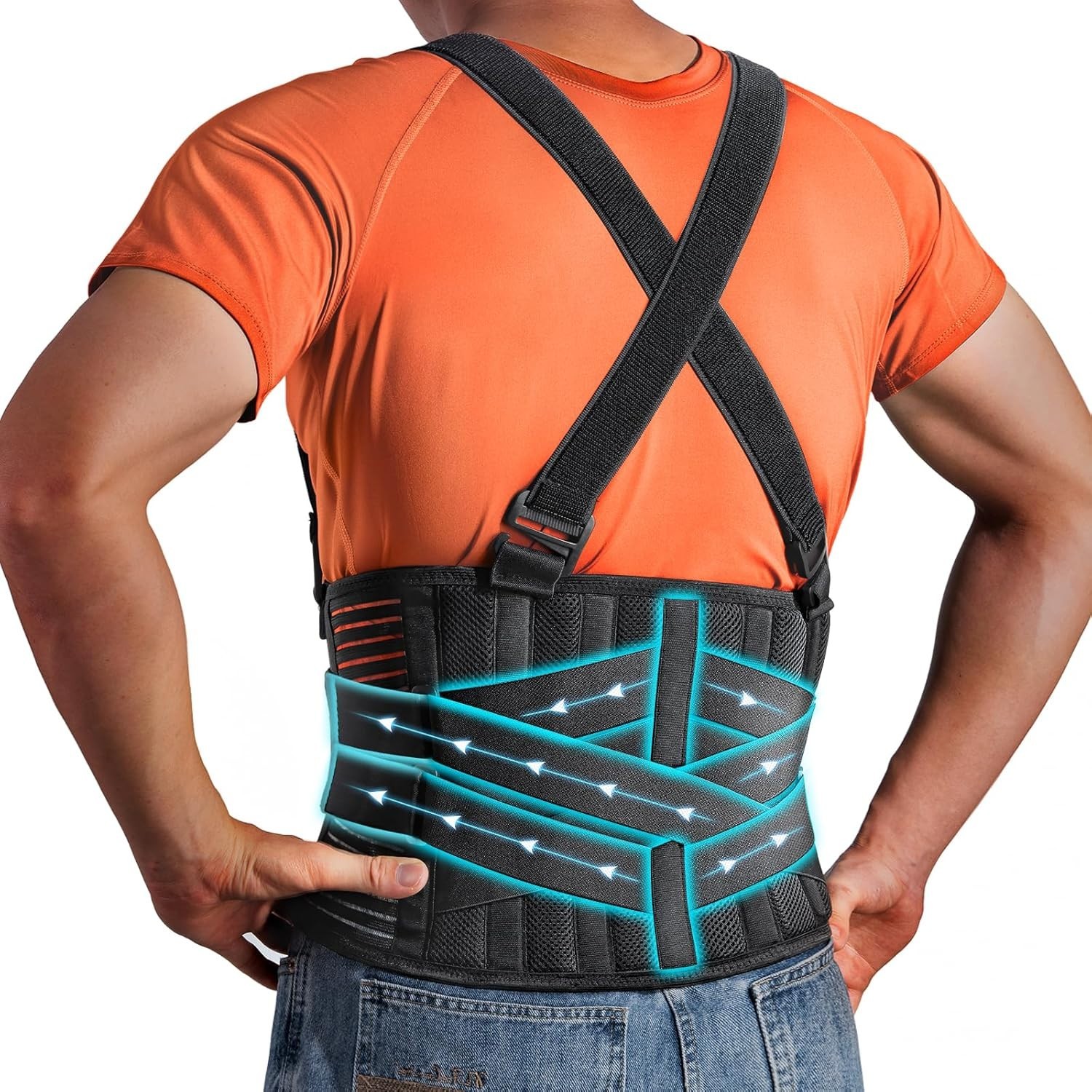 Plus Size 2XL/3XL Work Back Brace with 2 Removable Suspender Straps, Back Pos…