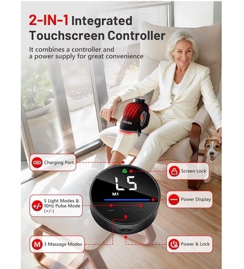 Red Light Therapy Knee Brace Heat & Massage Cordless Rechargeable Control