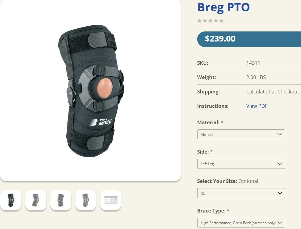 BREG PTO HIGH PERFORMANCE SOFT AIRMESH KNEE BRACE (LEFT) – XS (14271)