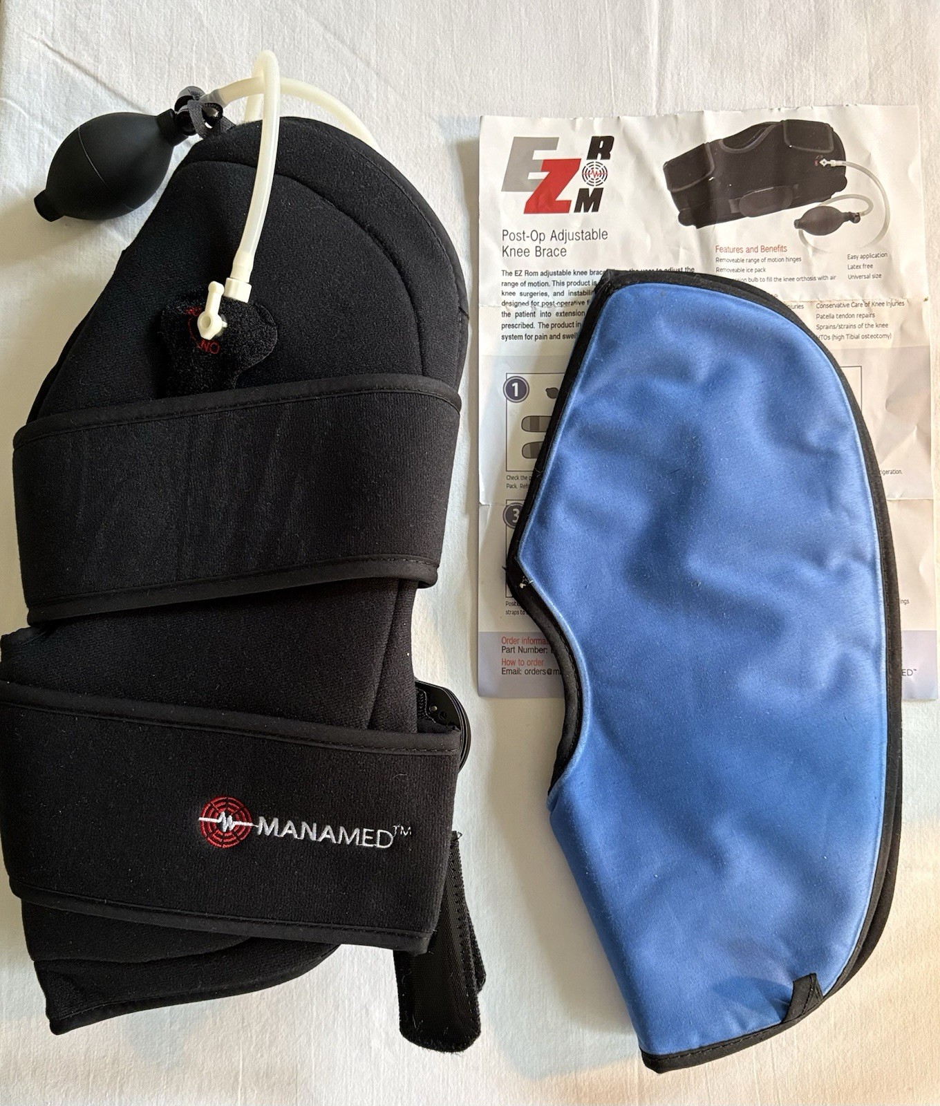 EZ Rom Adjustable Knee Brace w/Compression, Ice Pack & Instructions ManaMed