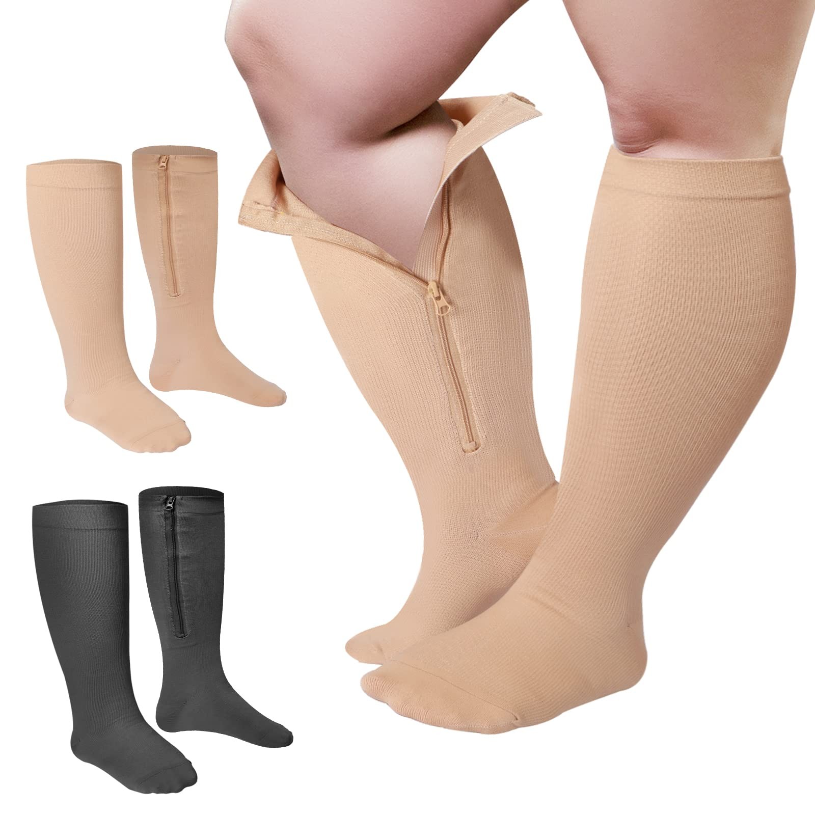 Plus Size Zipper Compression Socks Wide Calf 15-25 mmHg for Men Women 2 Pair