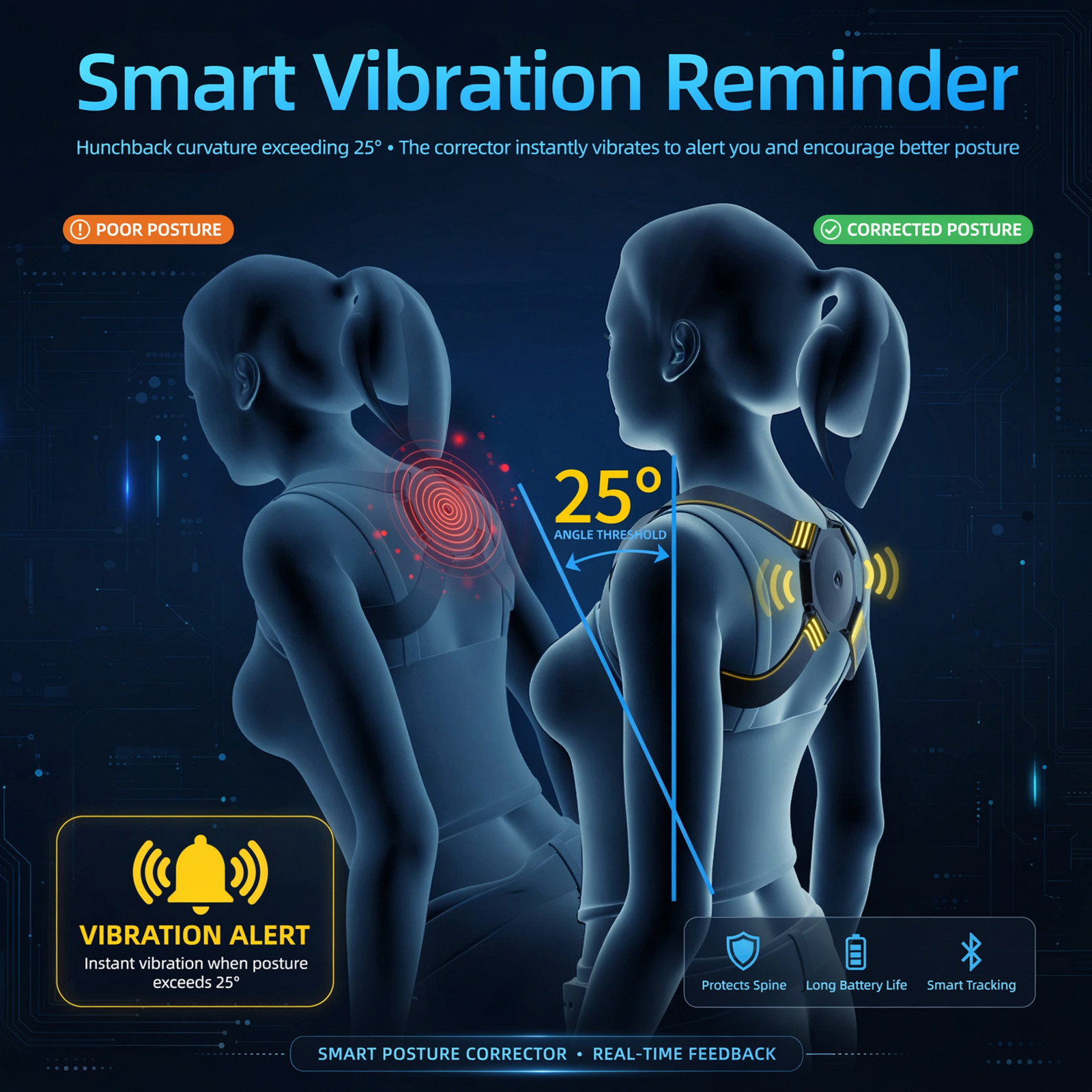 Smart Vibrating Posture Corrector Sensor Back Brace Adjustable Alignment Trainer
