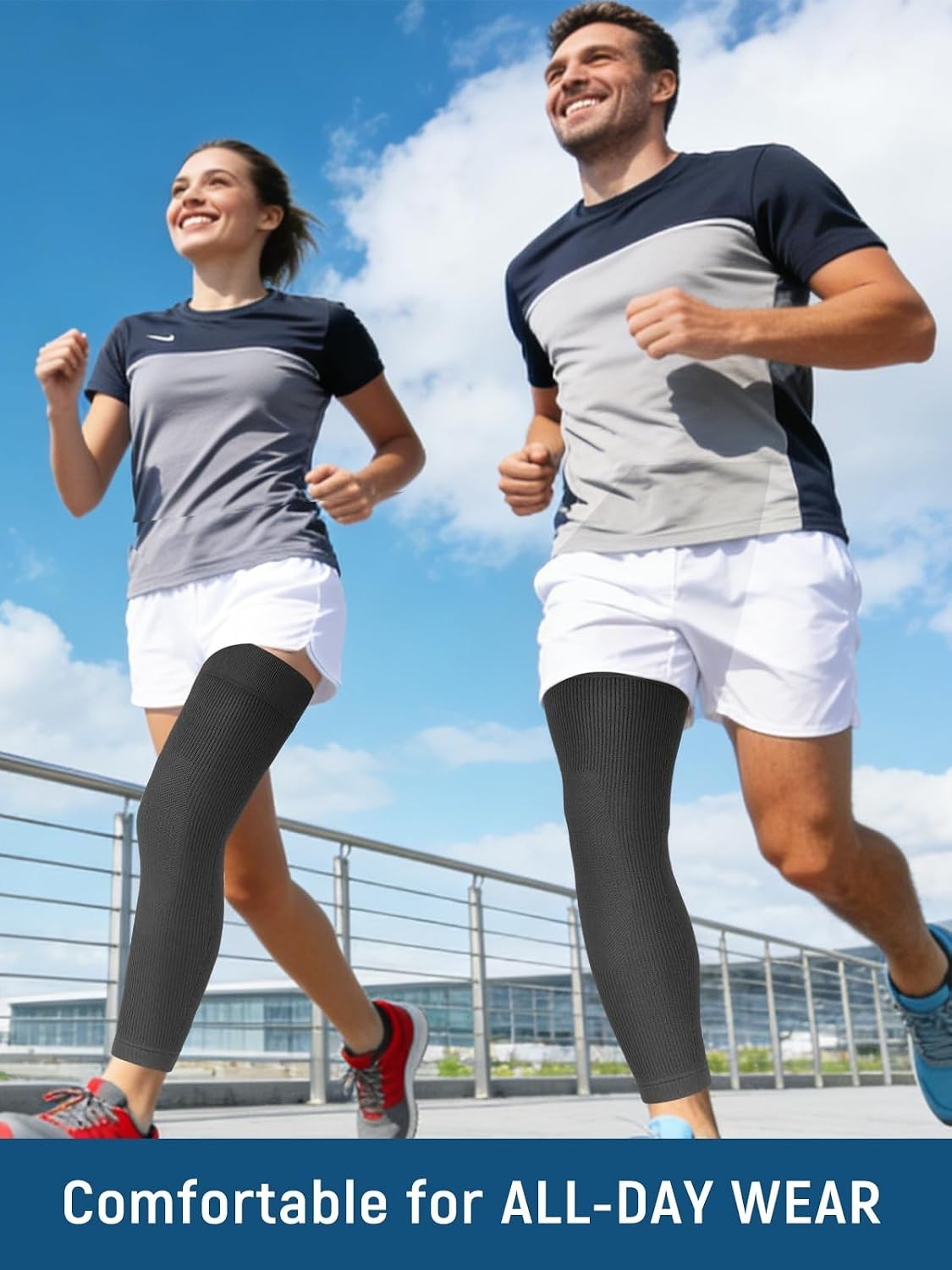 Leg Compression Sleeve Full Length Knee Sleeve Covers Thigh, Knee and Calf LARGE