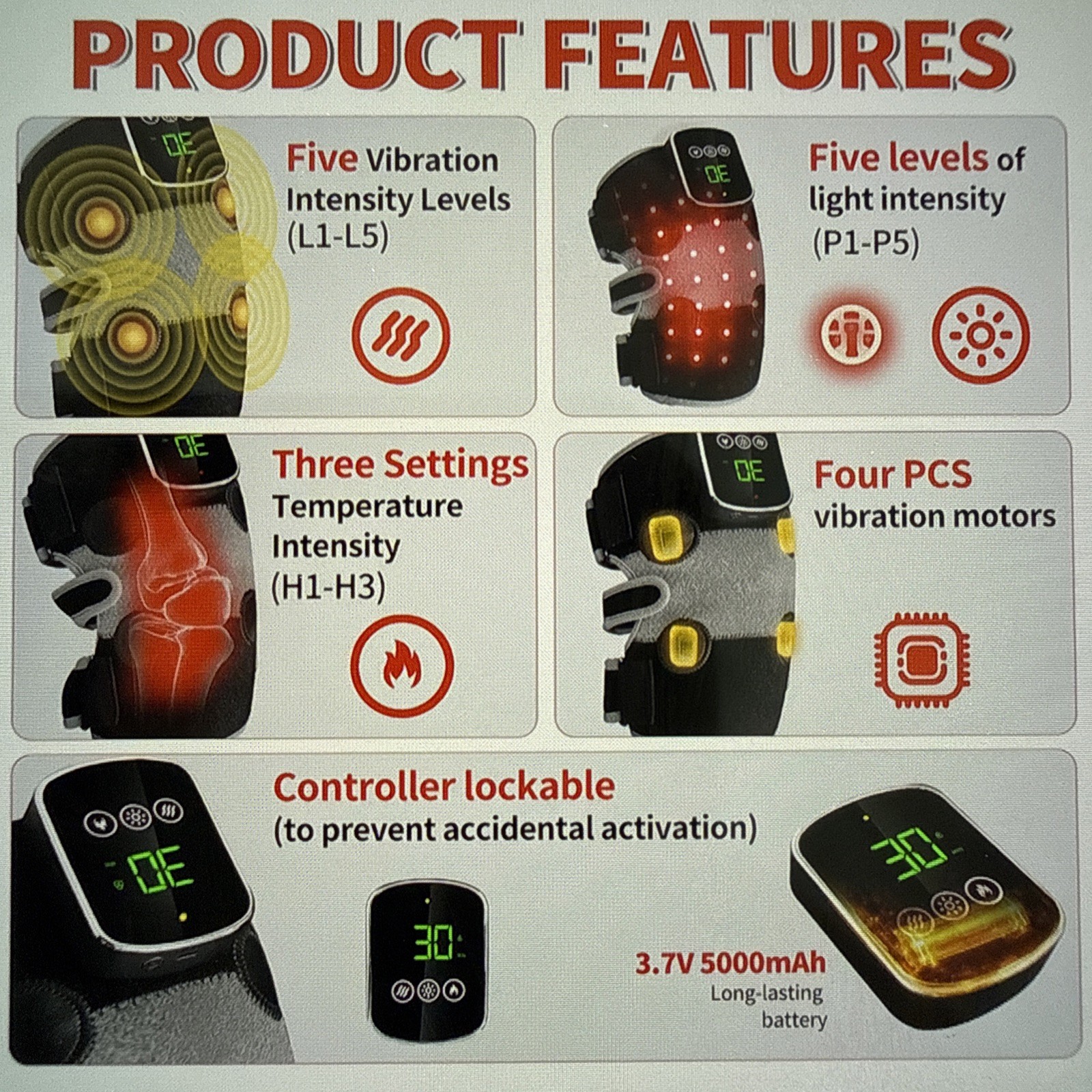 3-in-1 Red Light Therapy Heated Massager, Rechargeable 5000mAh, 660nm & 850nm