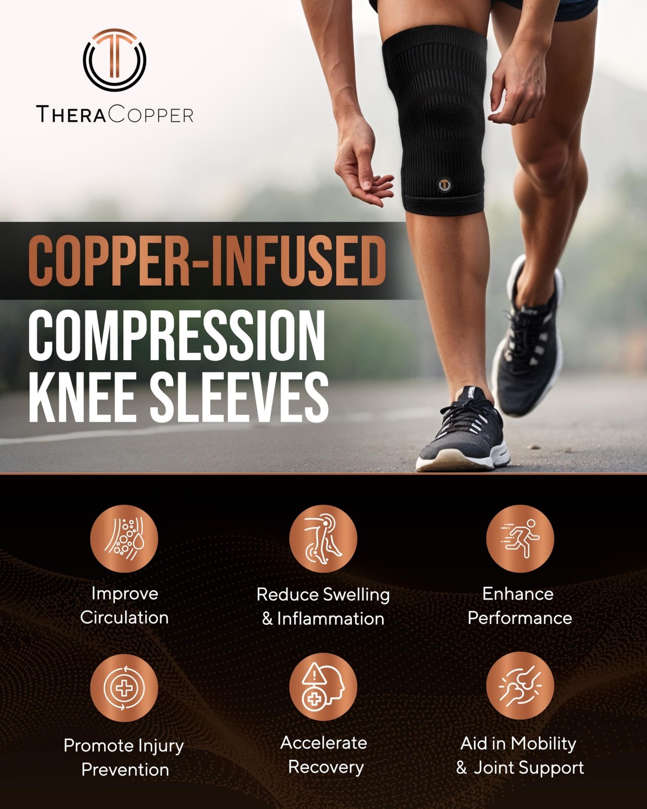 Copper Knee Brace Compression Sleeve – X-Large 2 Pack for Pain Relief & Support