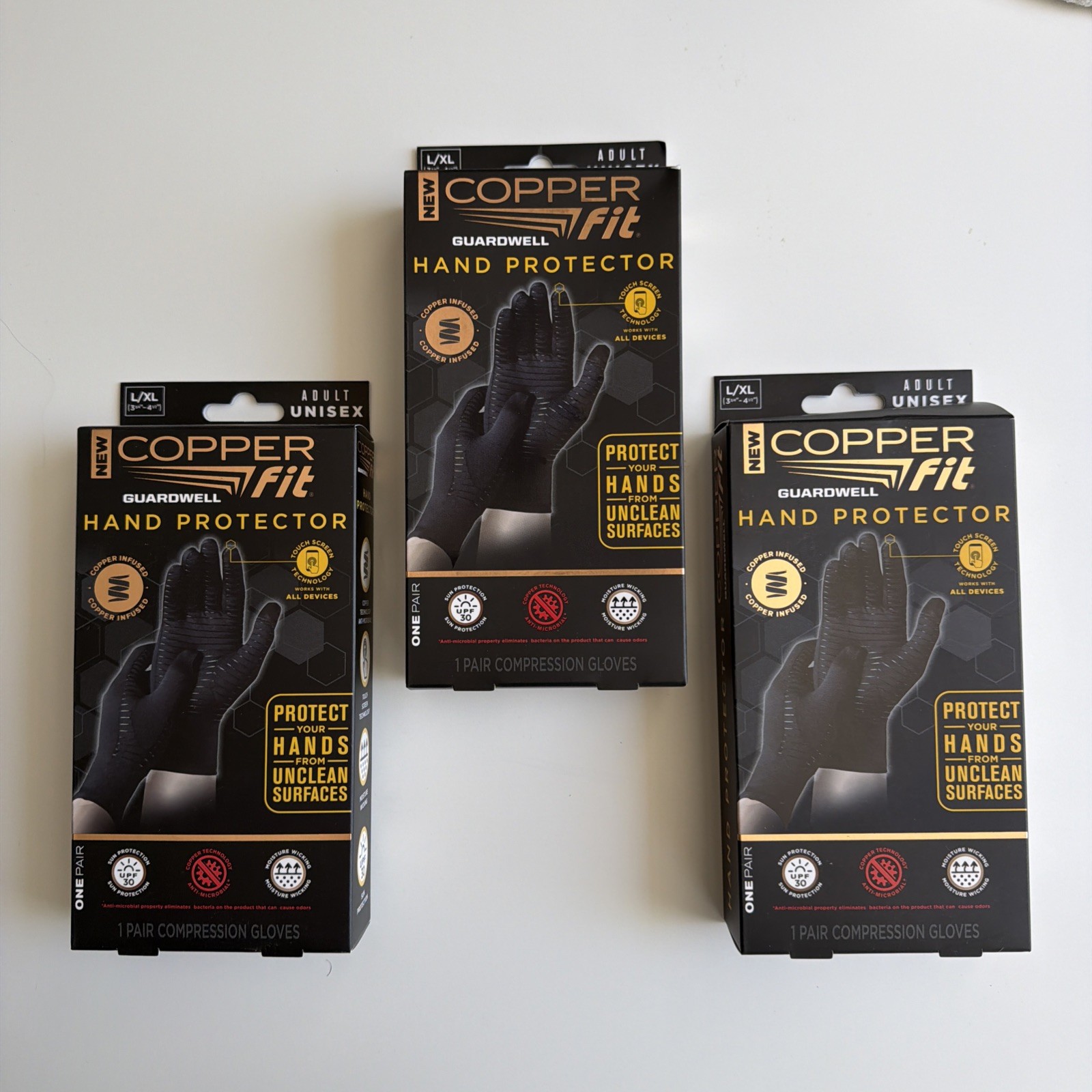 PACK OF 3 Copper Fit Guardwell Hand Protector Gloves,Unisex, Size L/XL – Black