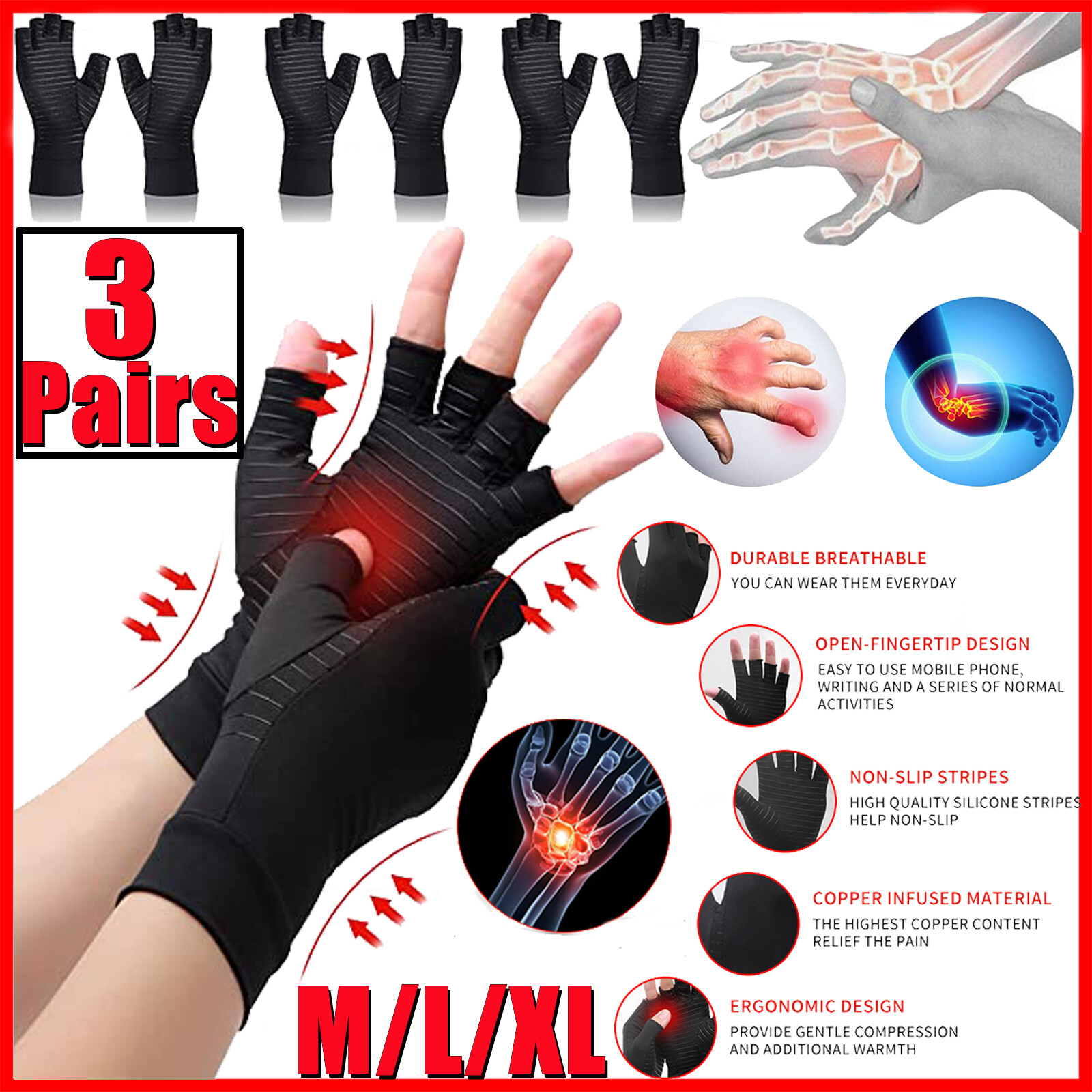 3 Pairs Copper Arthritis Compression Gloves Hand Wrist Support Joint Pain Relief