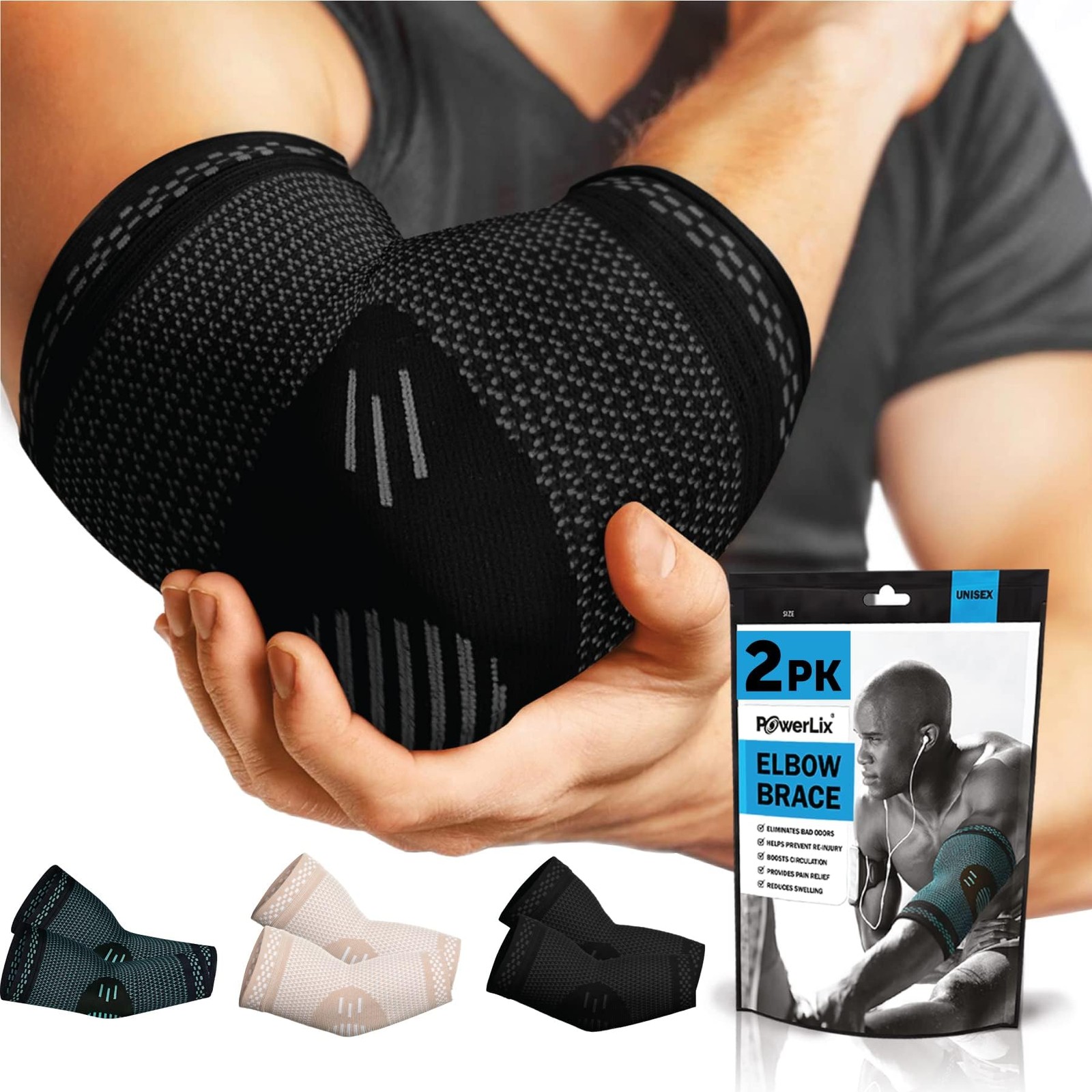 POWERLIX 2Pack Elbow Orthopedic Brace Compression Support Large(2Pack), Black