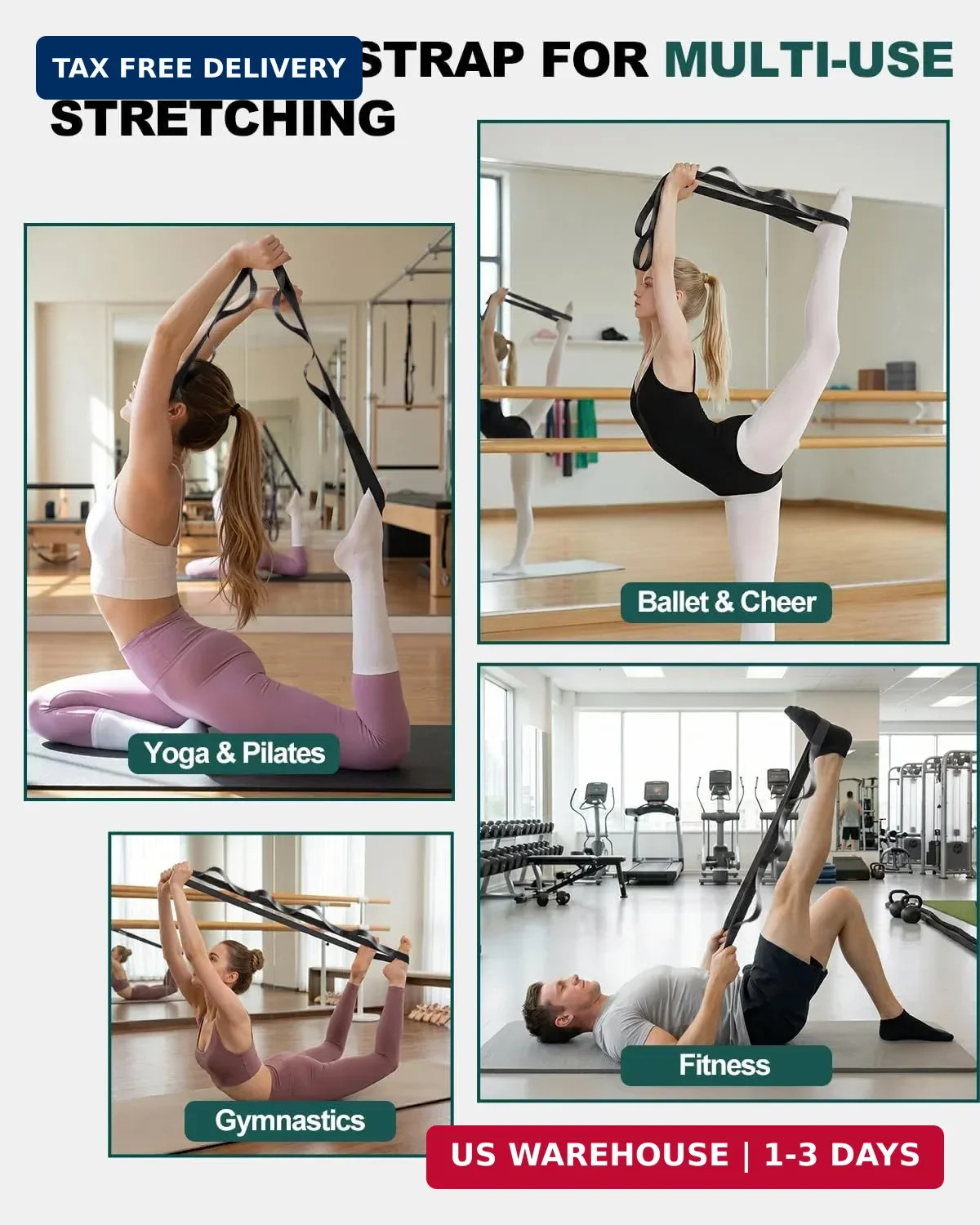 Stretching Strap with Loops Non Elastic Yoga Physical Therapy Rehab Exercise Ban