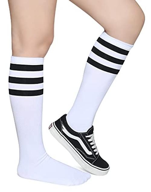 Triple Stripes Soft Cotton Knee High Tube Socks for One Size Z03-black/White