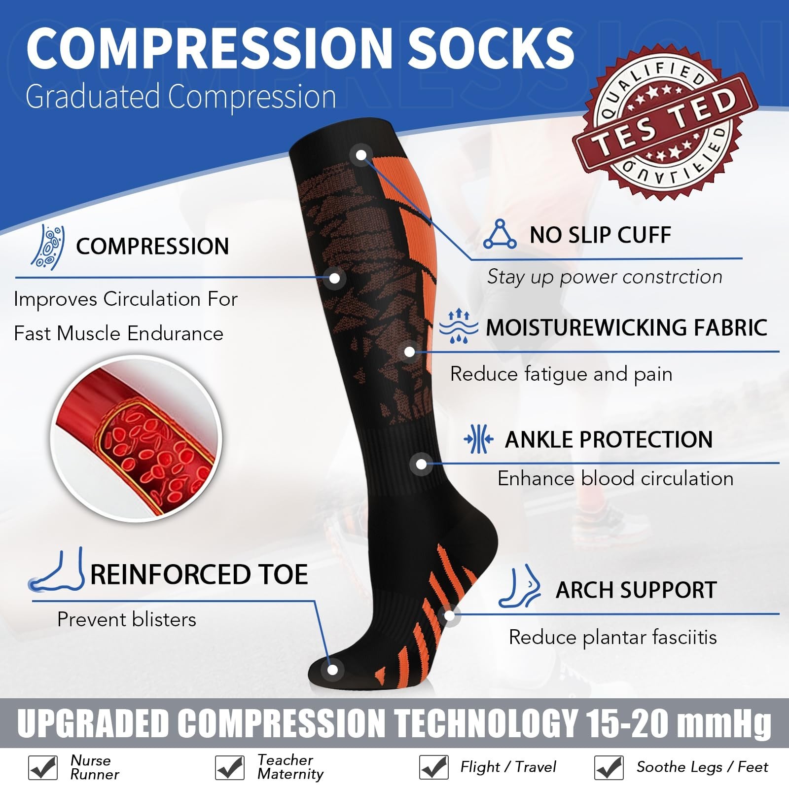 Compression Socks for Men & Women – 8 Pack Knee High 15-20mmHg Support for Runni