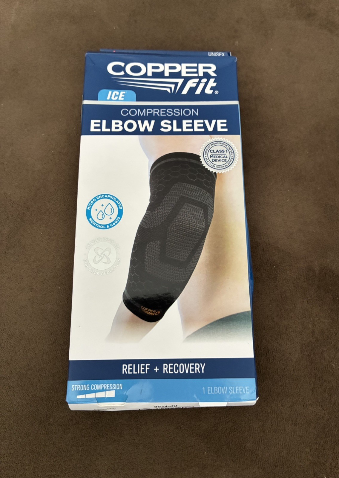 New Copper Fit ICE Menthol Infused Compression Elbow Sleeve – S/M Black