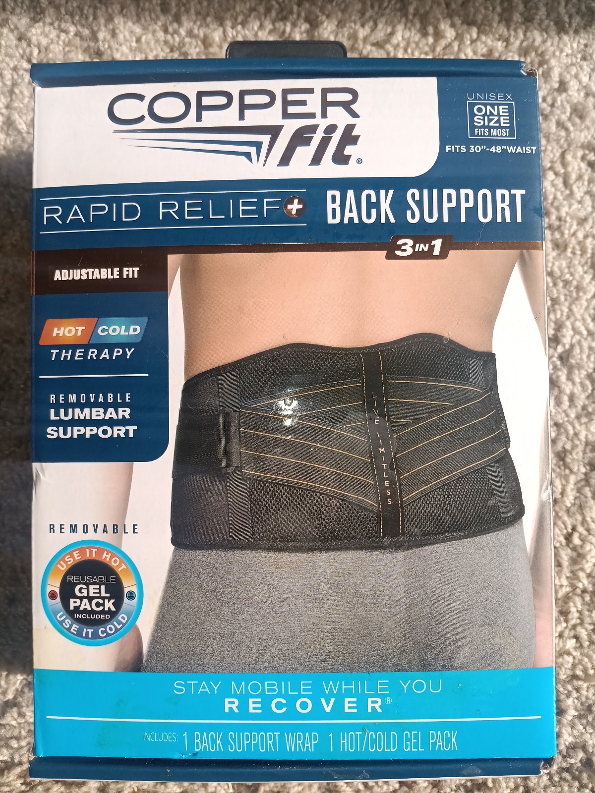 Copper Fit Rapid Relief Back Support – One Size Fits Most – Brand New Un-Opened