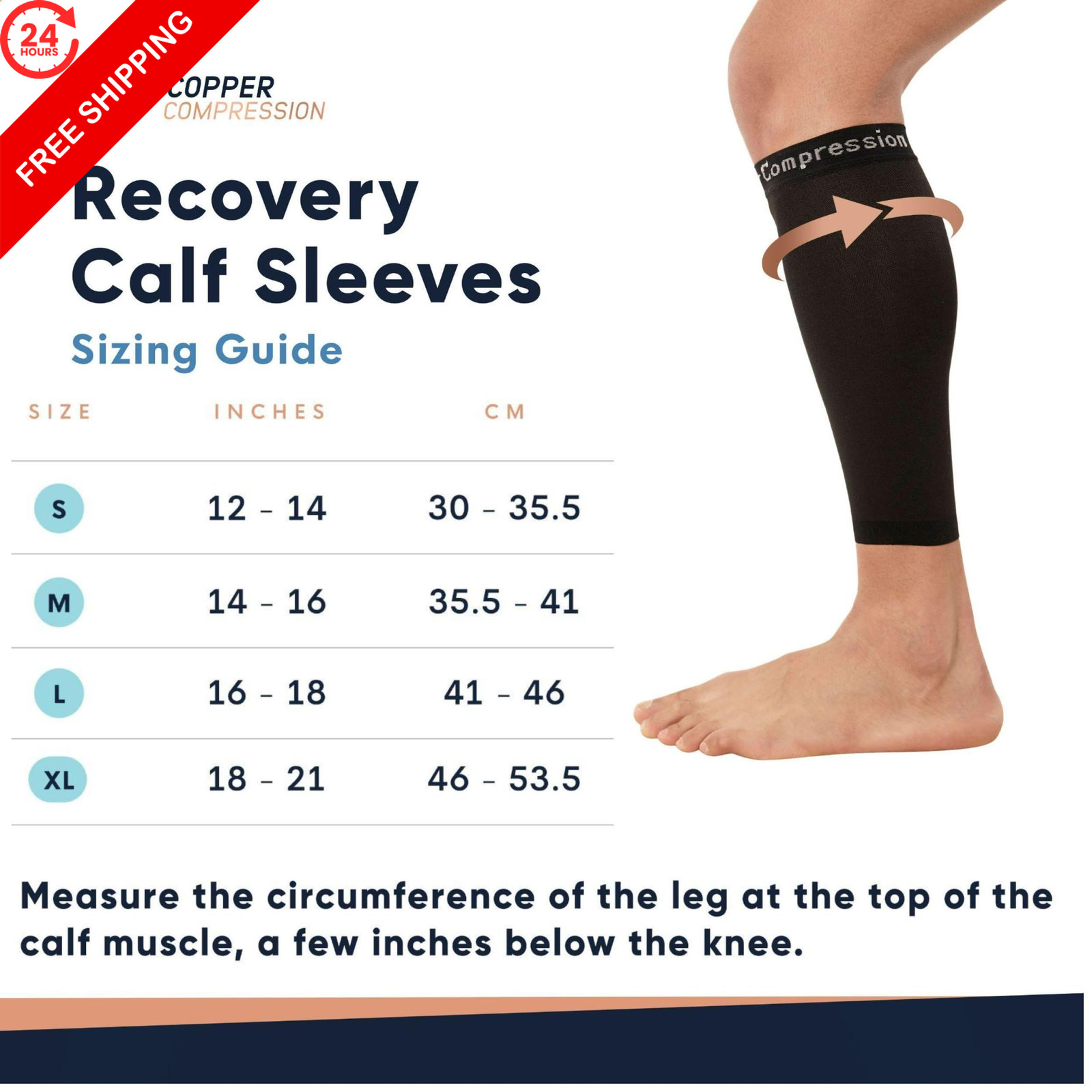 Copper Compression Calf Sleeves for Shin Splints, Medium (1 Pair), Black