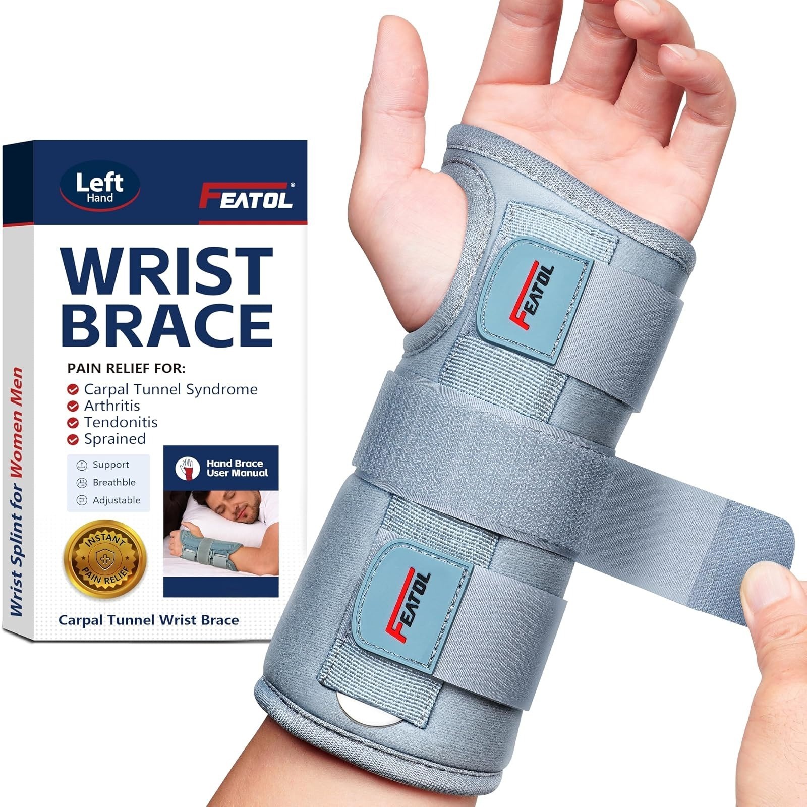 FEATOL Wrist Brace for Carpal Tunnel, Adjustable Splint Support