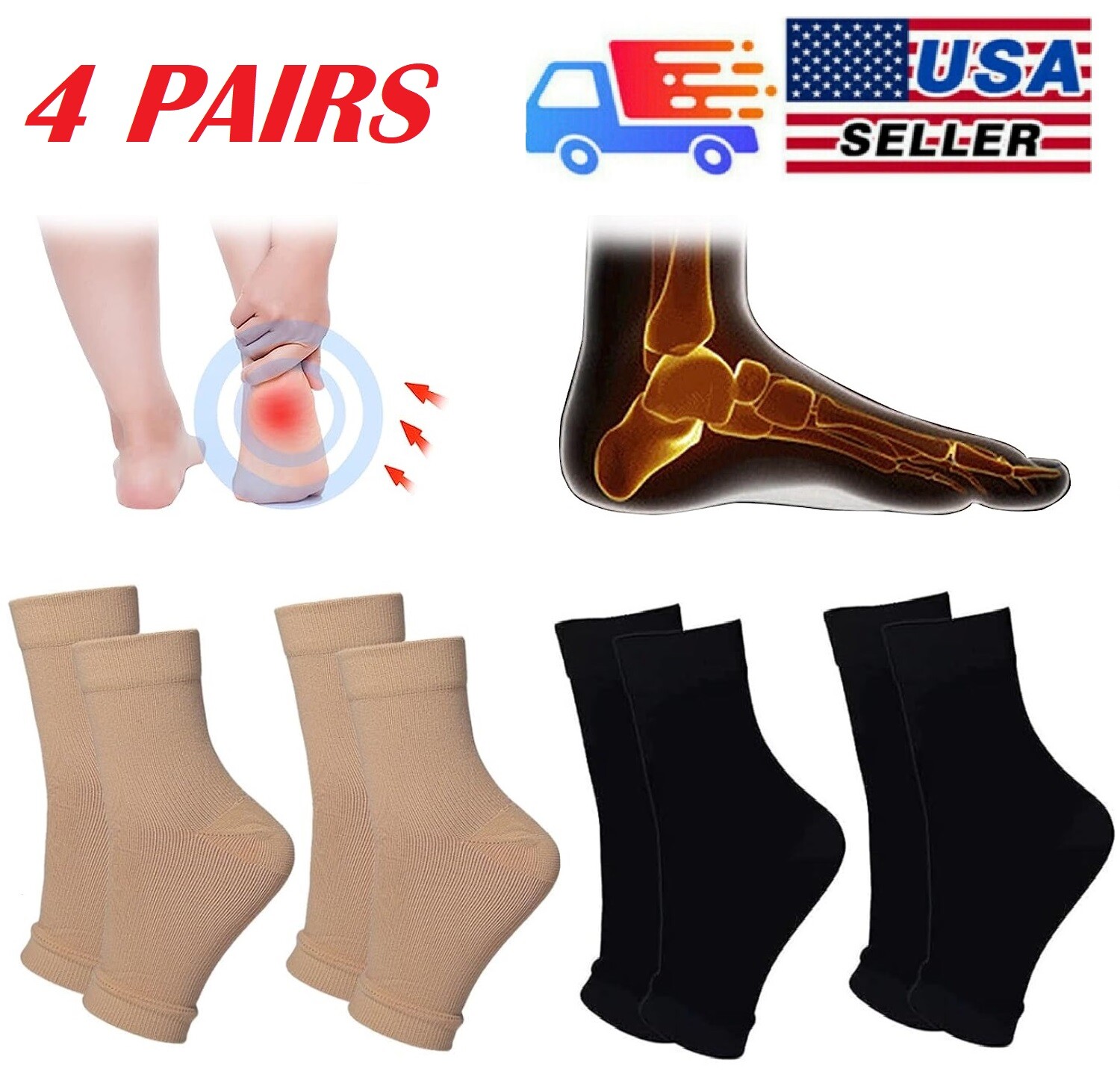 8pcs Ankle Brace Compression Sleeve Support Socks for Foot Fasciitis Pain Relief