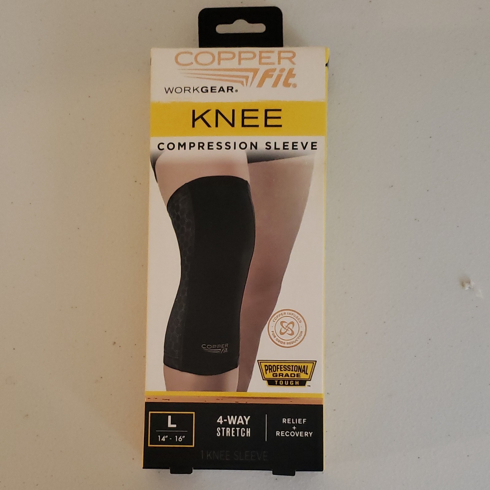 Copper Fit WORKGEAR Knee Compression Sleeve, 4-Way Stretch, Black, Size L