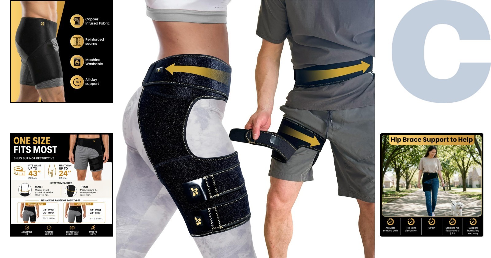Breathable Adjustable Hip Compression Brace for Active Adults, One Size Fits All