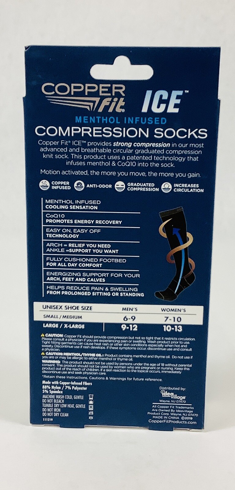 Copper Fit Ice Compression Socks BLACK Menthol Infused ,Small / Med Unisex