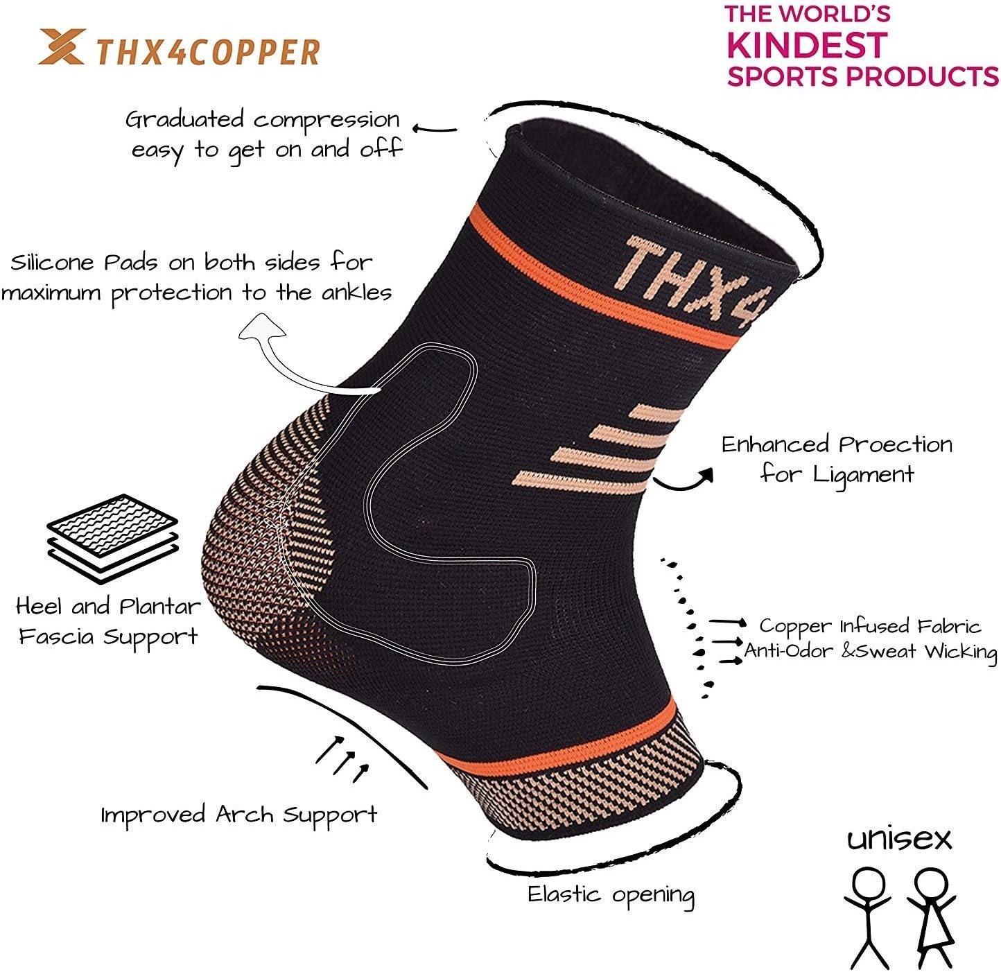 THX4COPPER Infused Compression Ankle Brace, Silicone Ankle Sleeve Support, Pa…