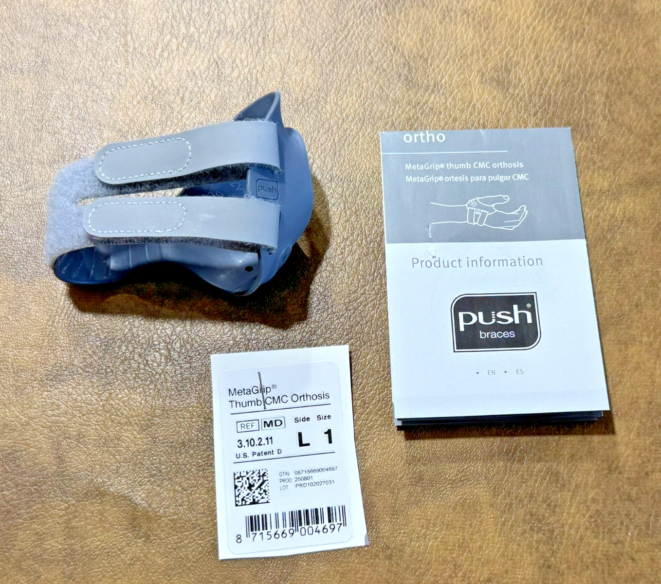 PUSH MetaGrip CMC Thumb Brace Left Hand Size 1 Small Arthritis Support Brace
