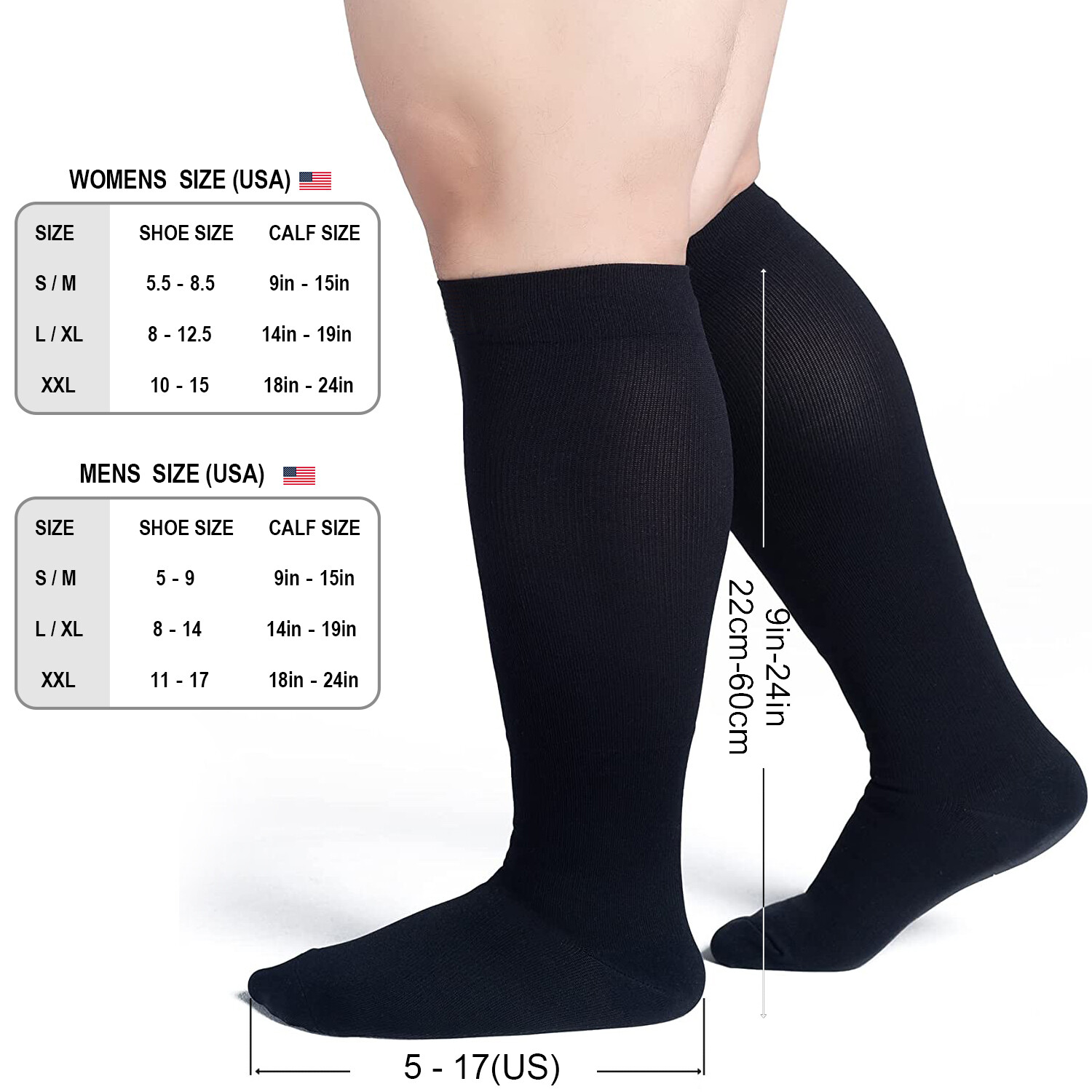 Plus Size Compression Socks 15-20mmHg Moderate, Wide Calf Extra Large, Unisex
