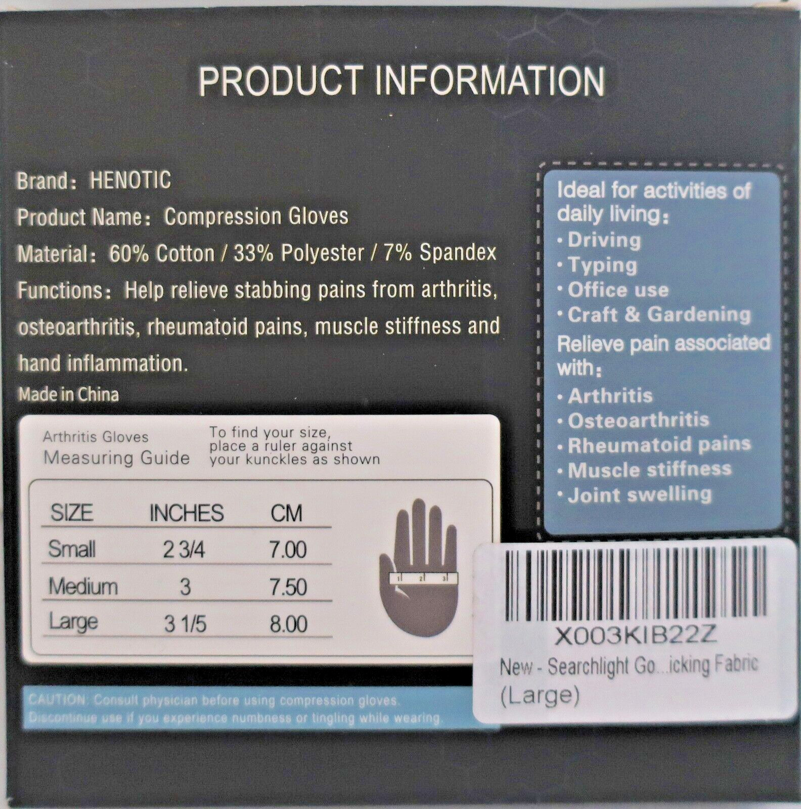 COMPRESSION GLOVES – SIZE L – HENOTIC – NEW