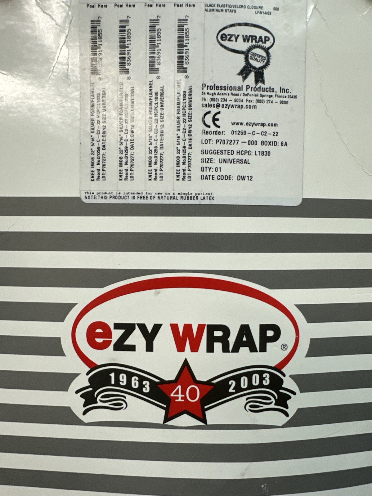 Knee Immobilizer 22” Silver Foam/Flannel, Universal Size, EZ Wrap #01259C, New!