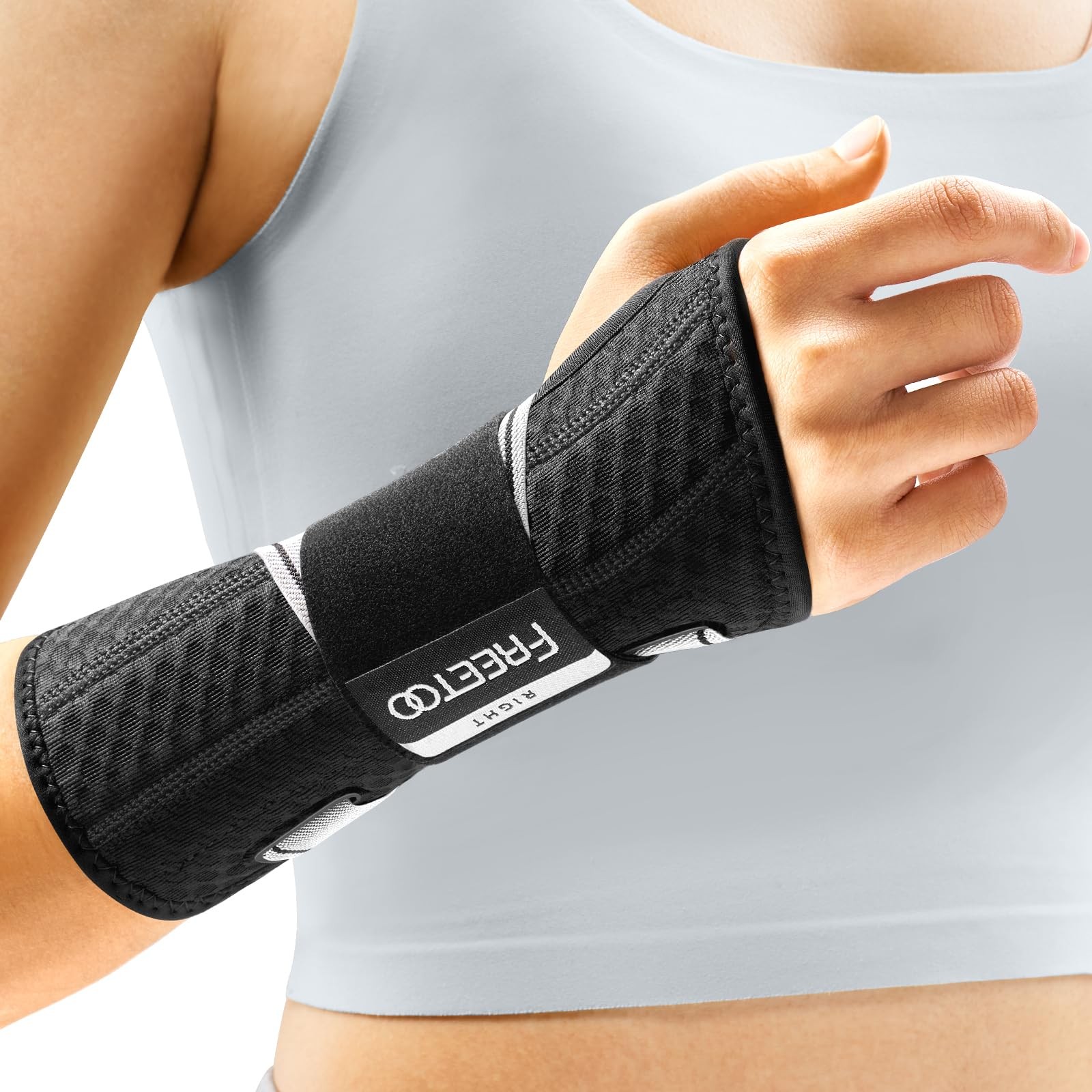 FREETOO Carpal Tunnel Wrist Brace Night Support Fit Right S/M, Black/Gray