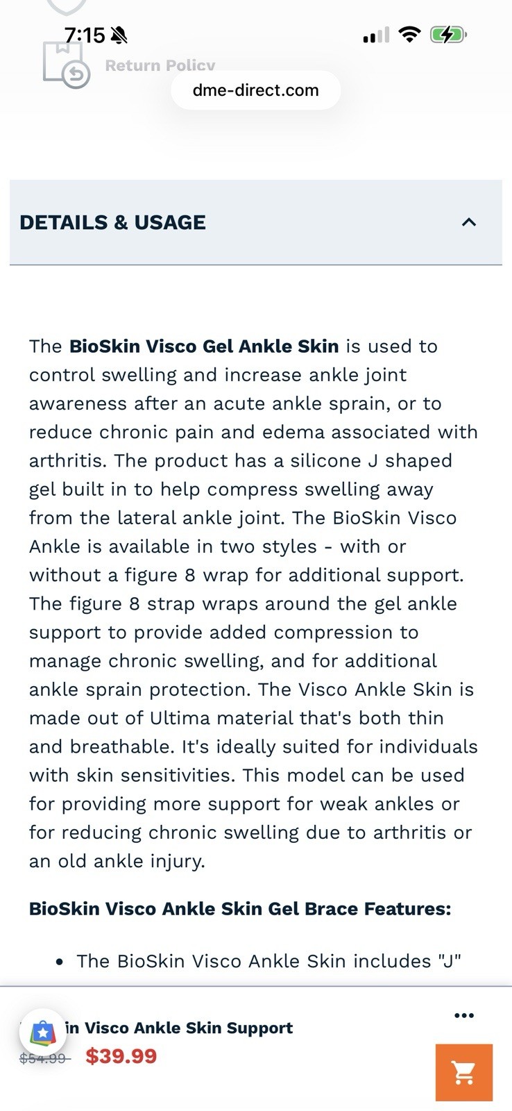 Visco Ankle Compression Brace 43303-R M-L By Bioskin Gel Skin