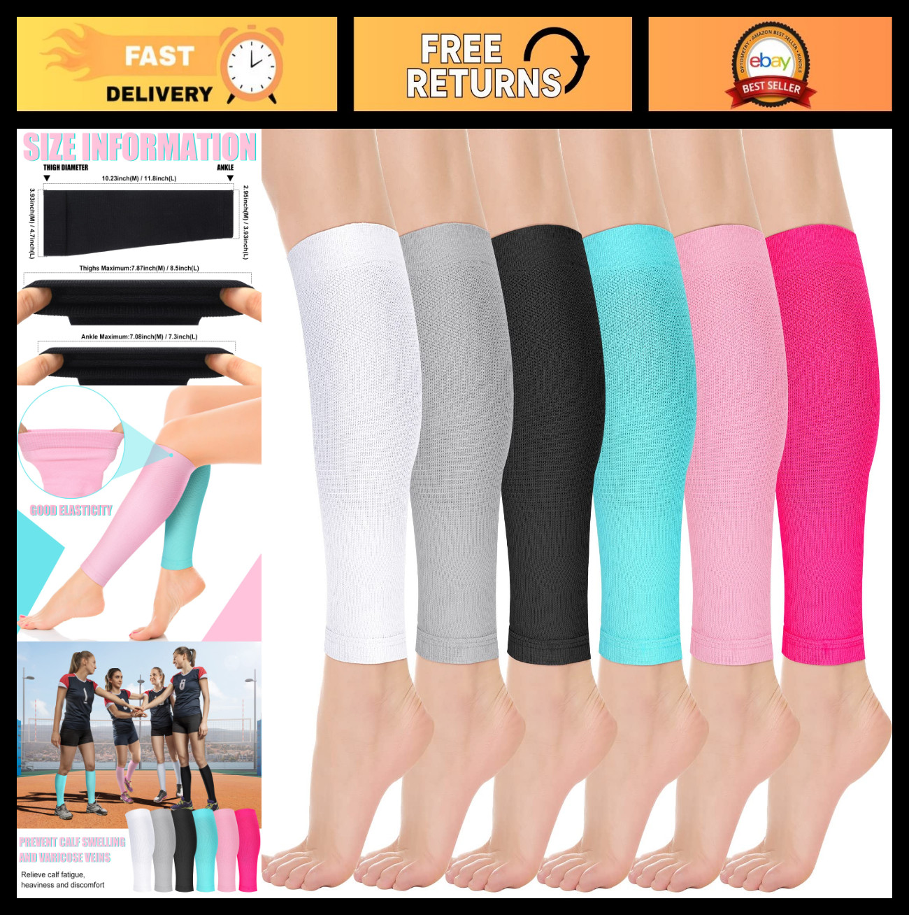 6 Pairs Footless Calf Compression Sleeves for Women – Running, Nursing, Pregnanc