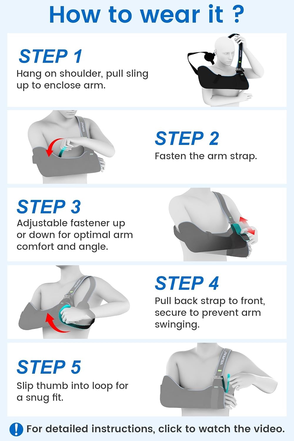 Velpeau Arm Sling Shoulder Immobilizer for Women and Men, fit Left or Right Arm
