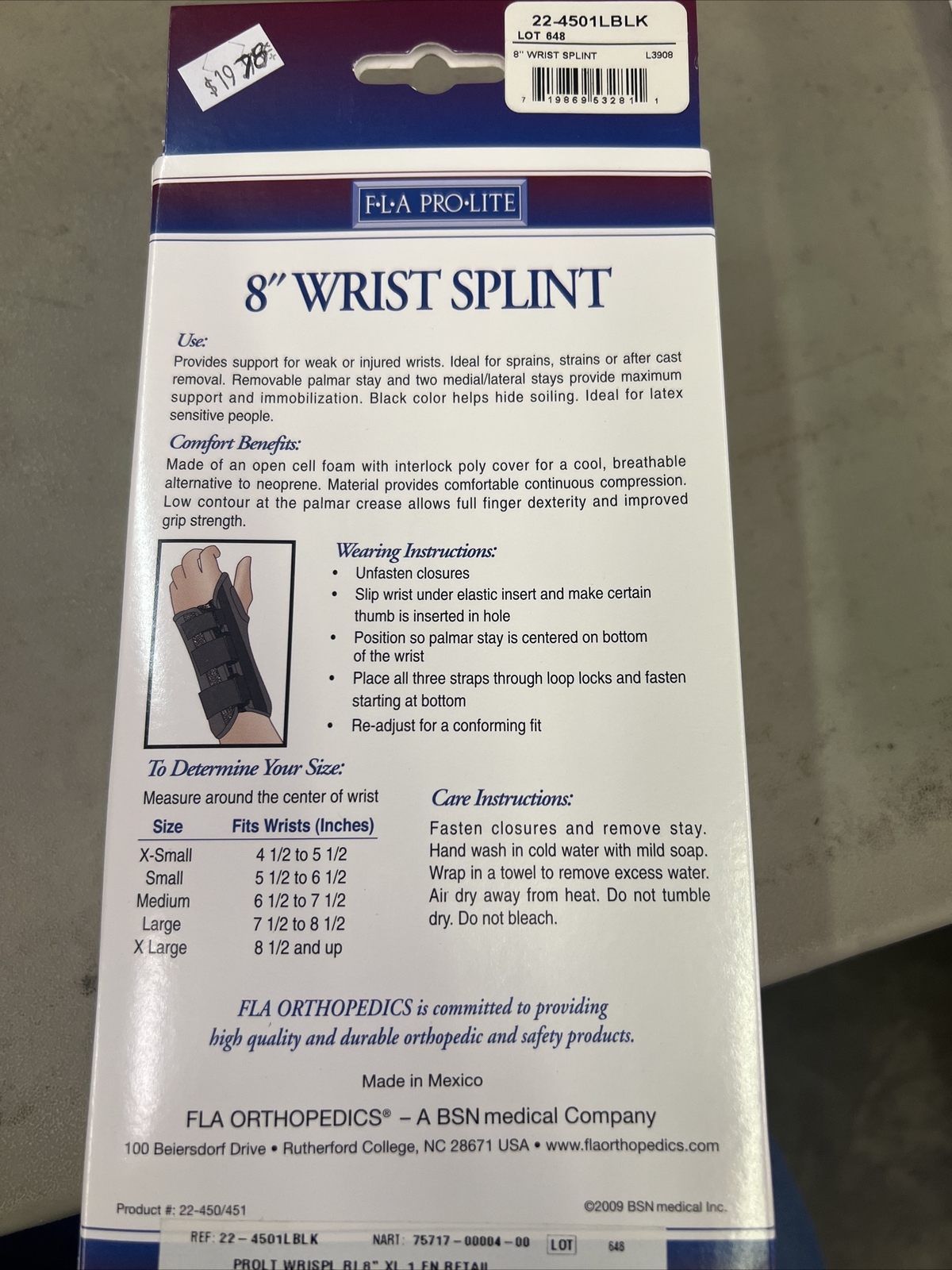 FLA PRO LITE XL New Extra Large Right 8″ Wrist Splint Black NIB