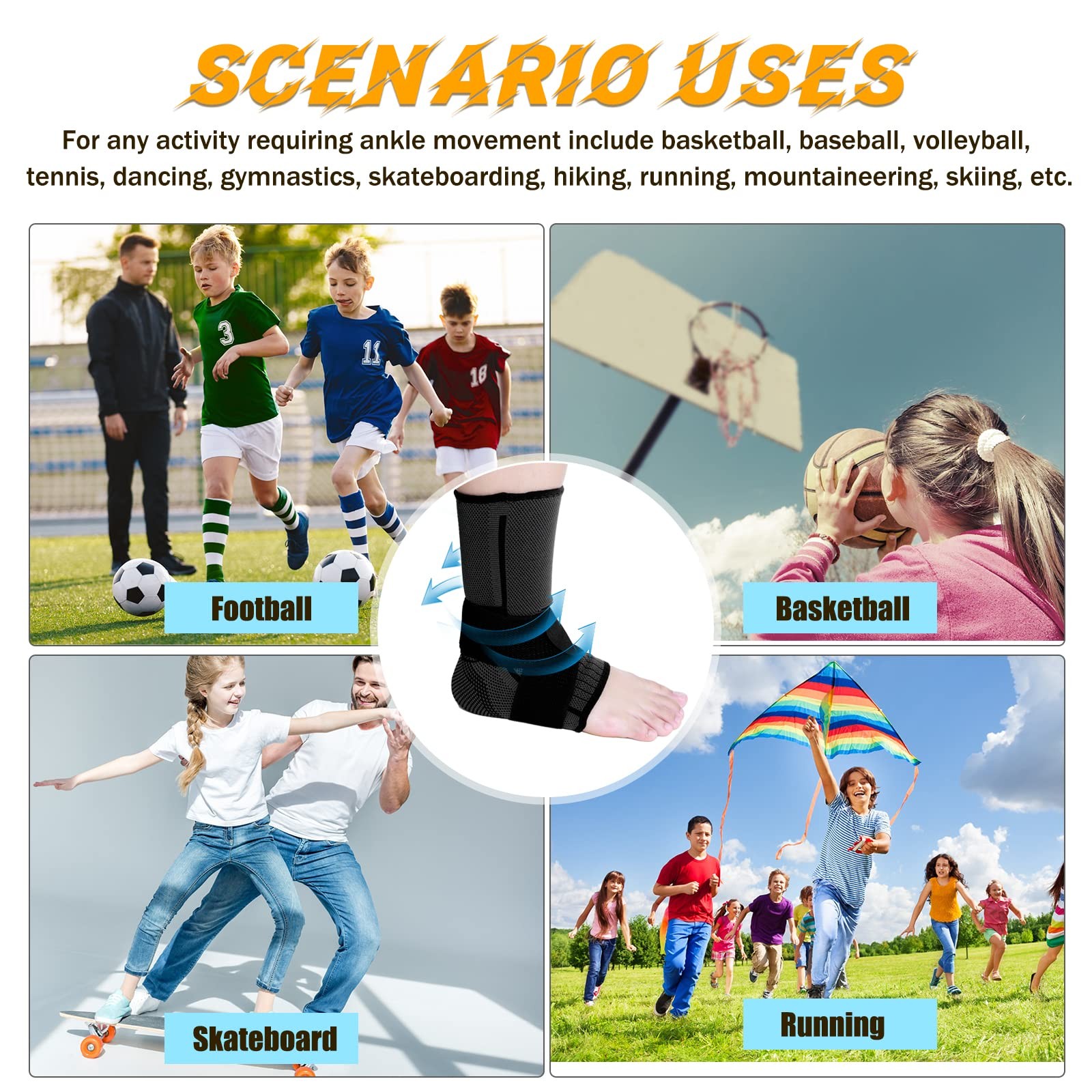 1 Pair Black Kids Ankle Brace Compression Sleeve Adjustable Support XSmall