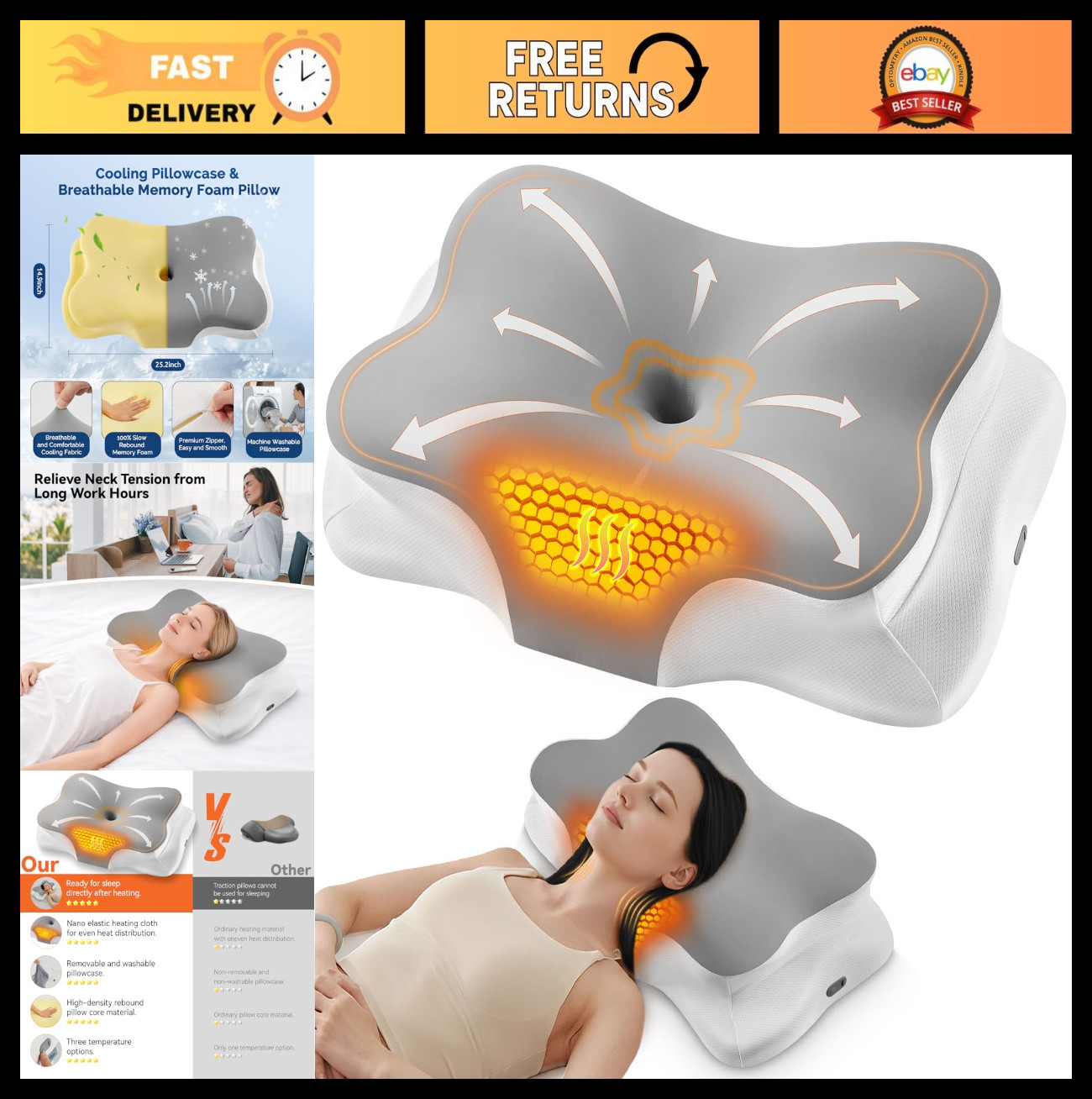 Heated Neck Pain Relief Pillow – Ergonomic Orthopedic Memory Foam, USB Heating,