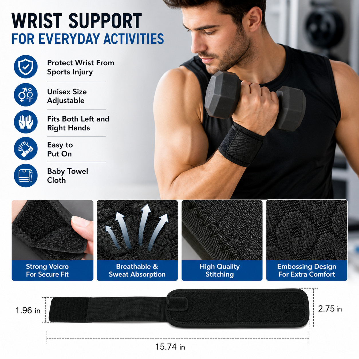 Wrist Support Brace Wrap Adjustable Strap for Gym Sports Left Right Hand