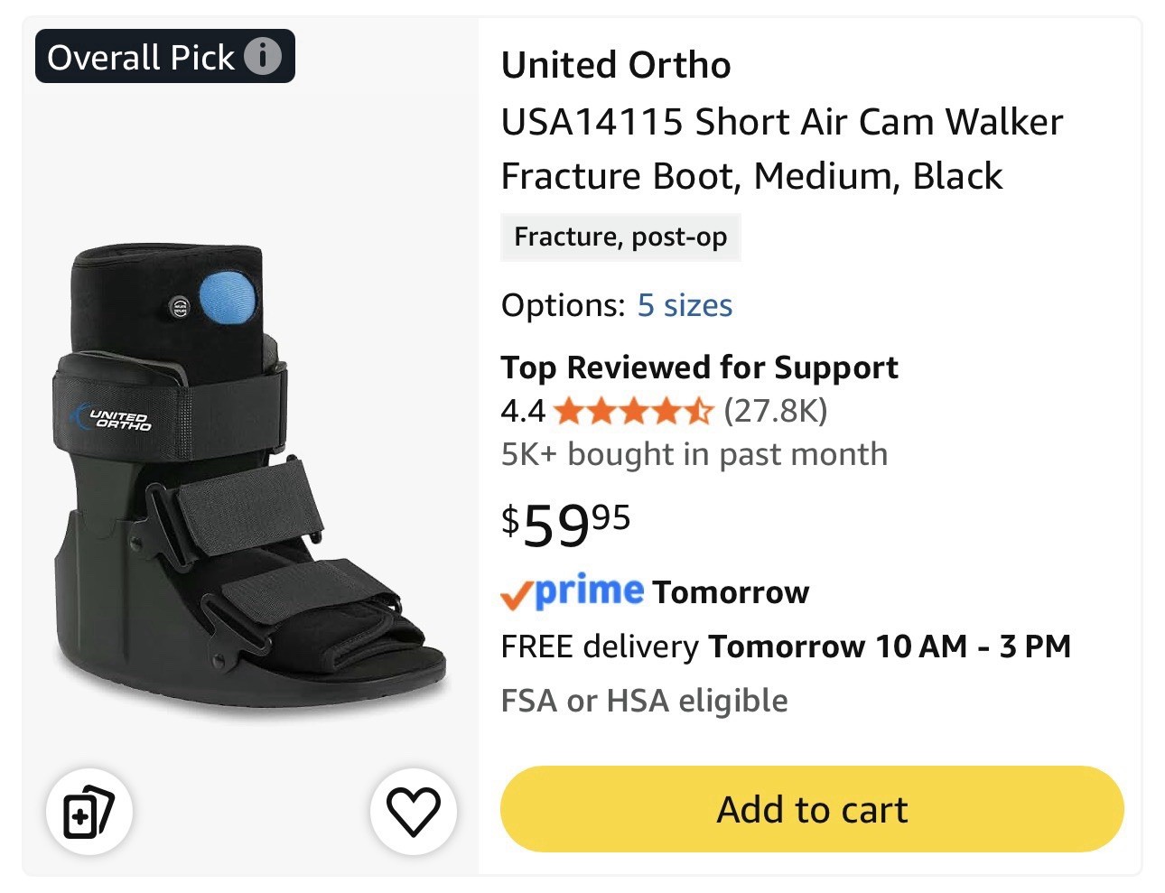 United Ortho Short Air Cam Walker Fracture Boot, Size M, Black