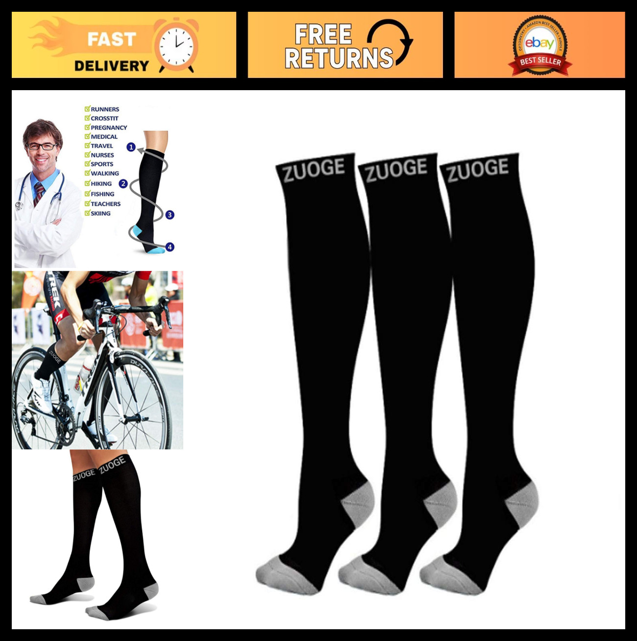 3 Pairs Compression Socks – Medical, Nursing, Travel, Running & Fitness – 15-20m