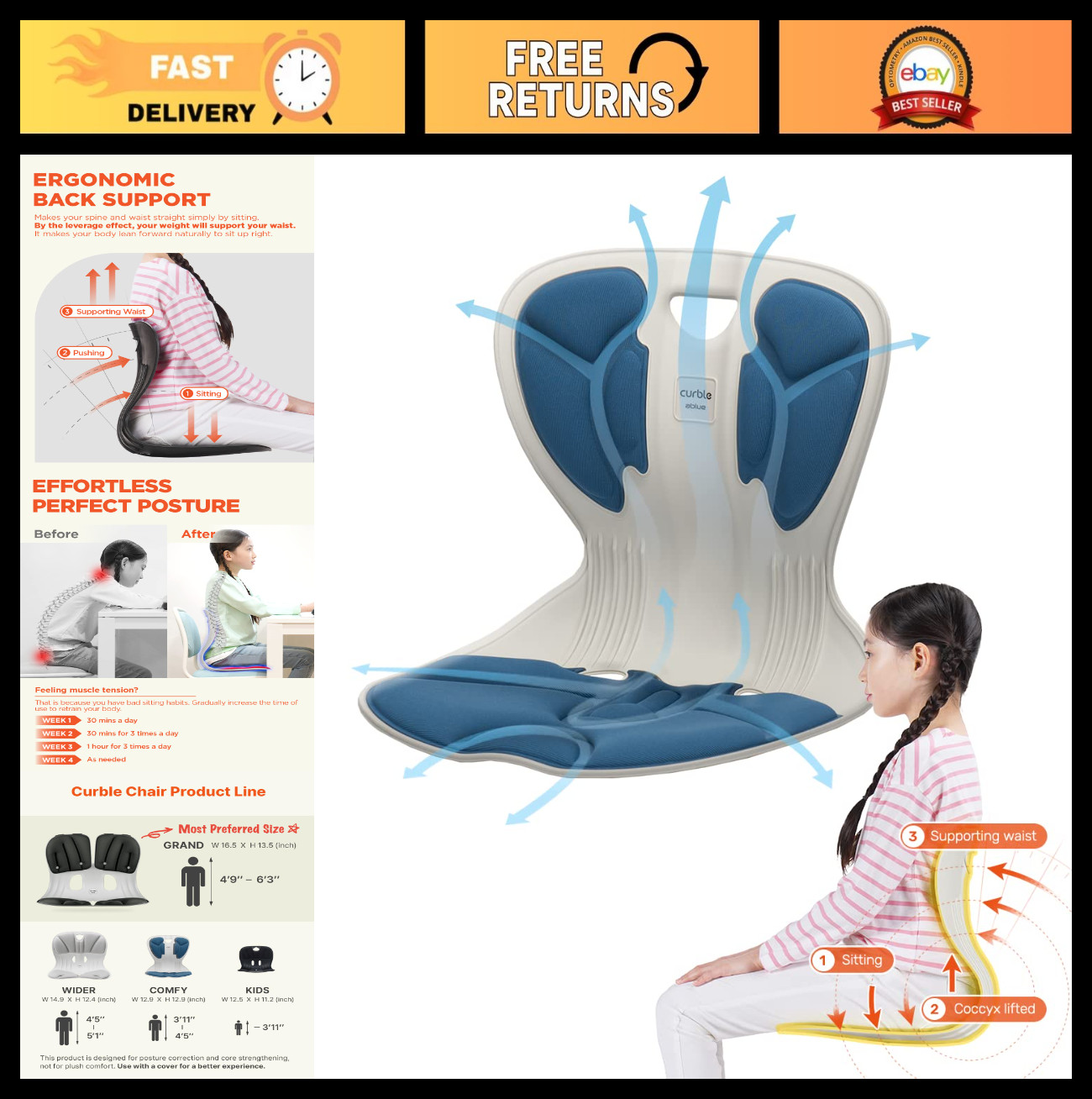 Ergonomic Back Support Chair for Kids, Flexible Posture Corrector – Yoga & Schoo
