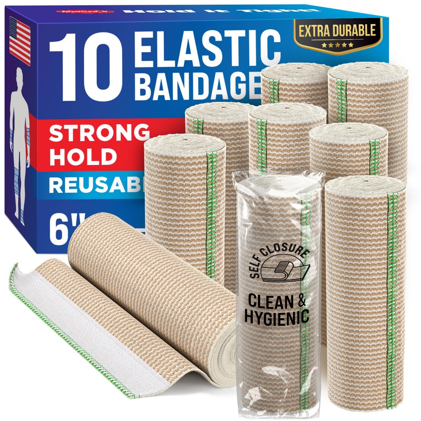 Elastic Bandage Wraps 6” (10 Pack) – Strong Compression Self-Closing for Legs, K