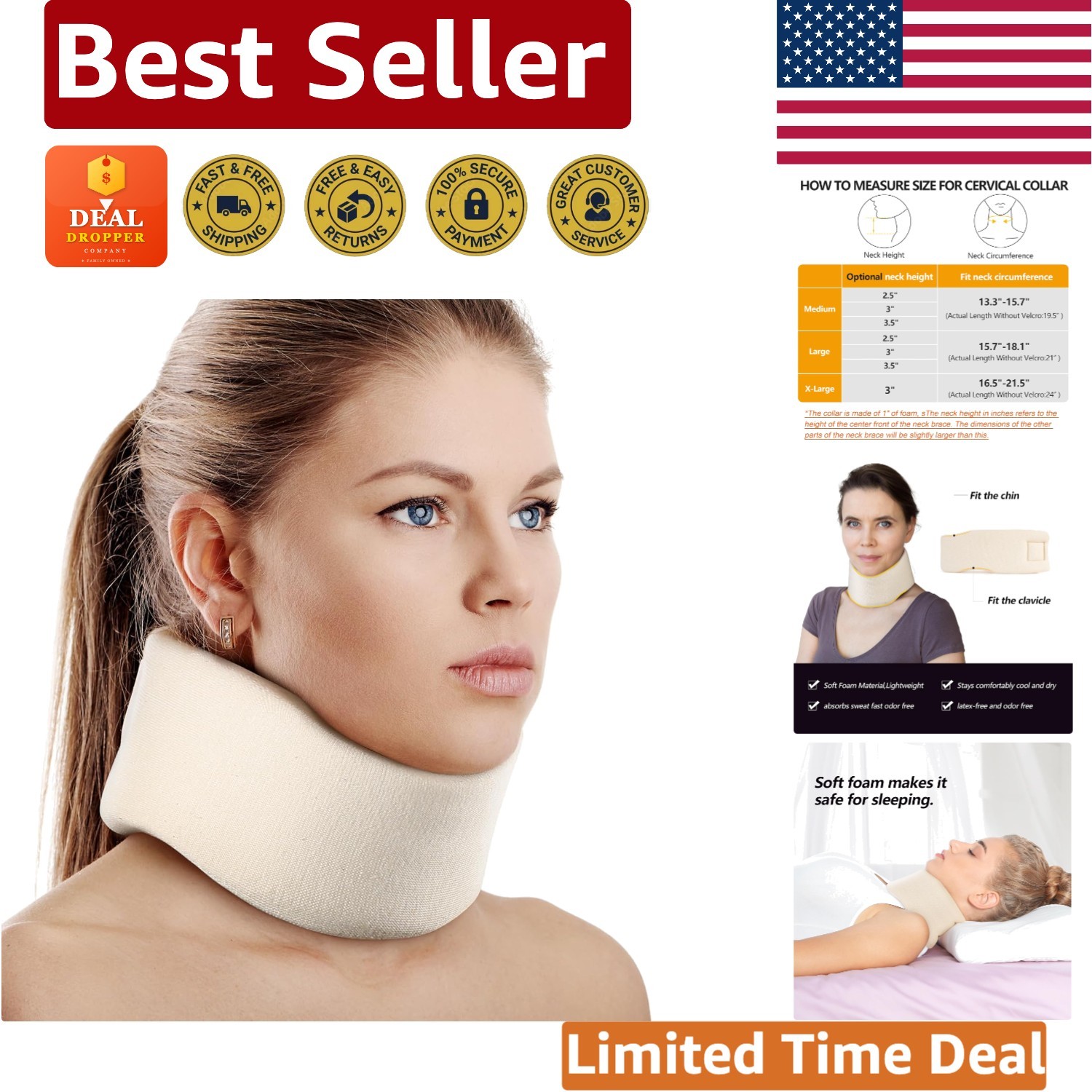 Comfortable Neck Support Brace – Adjustable Cervical Collar for Sleeping, Large
