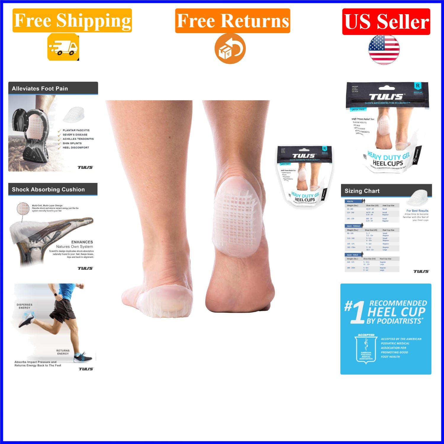 Heavy Duty Gel Heel Cups for Heel Pain, Plantar Fasciitis, 1 Pair, Clear