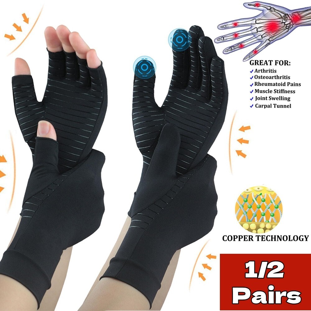 1/2Pairs Copper Arthritis Compression Half/Full Finger Gloves Hand Support Joint
