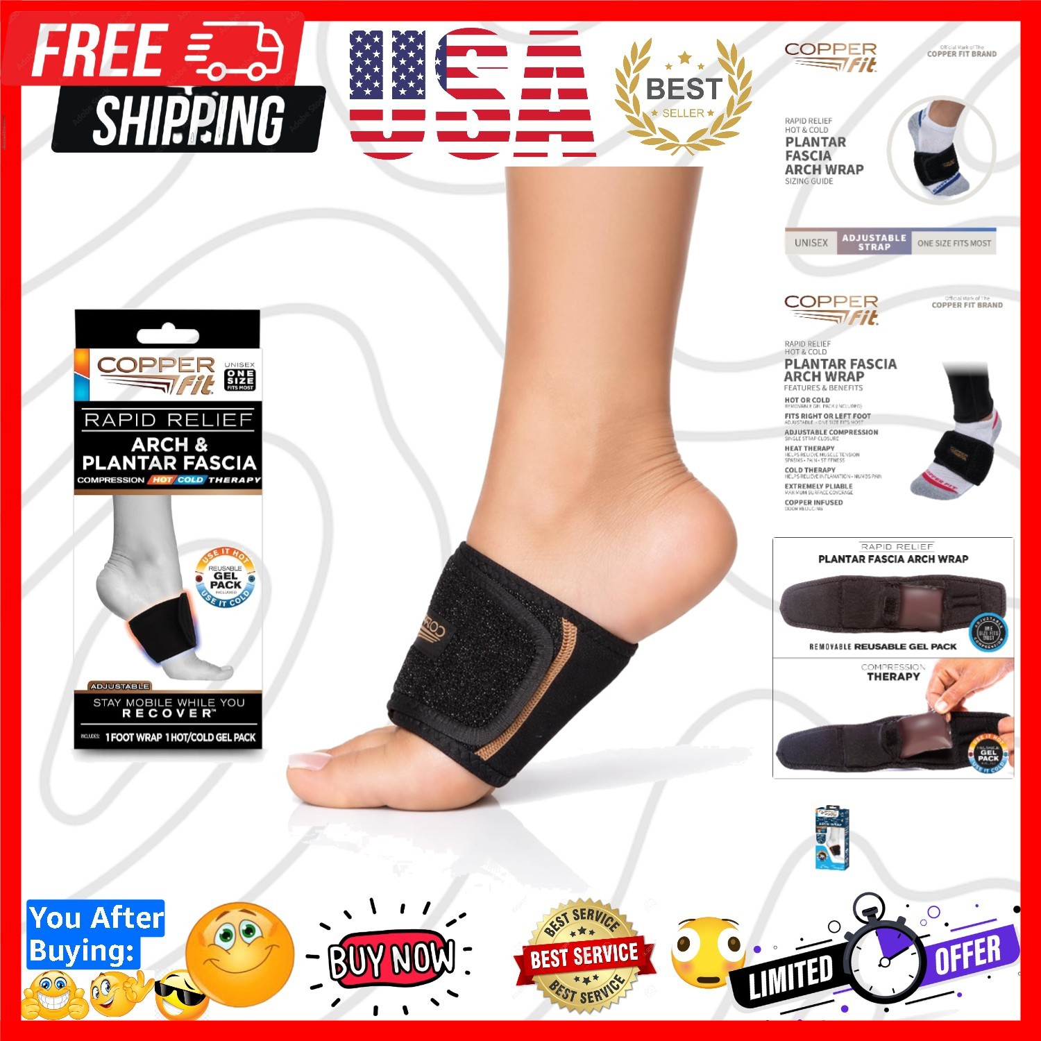 Rapid Relief Plantar Fascia Arch Foot Wrap with Hot or Cold Gel Pack, Black, …