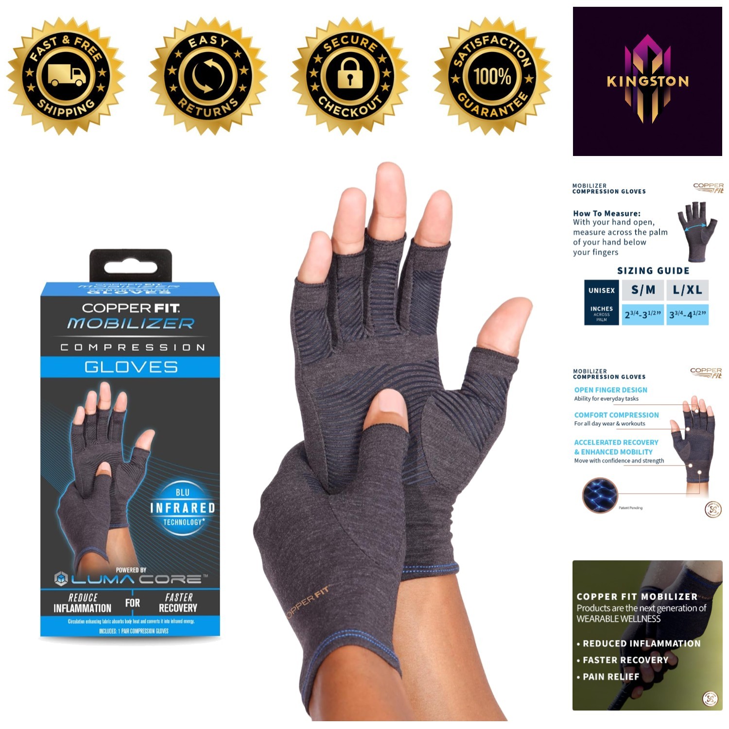 Unisex Mobilizer Compression Gloves for Arthritis Relief – Charcoal Small-Medium