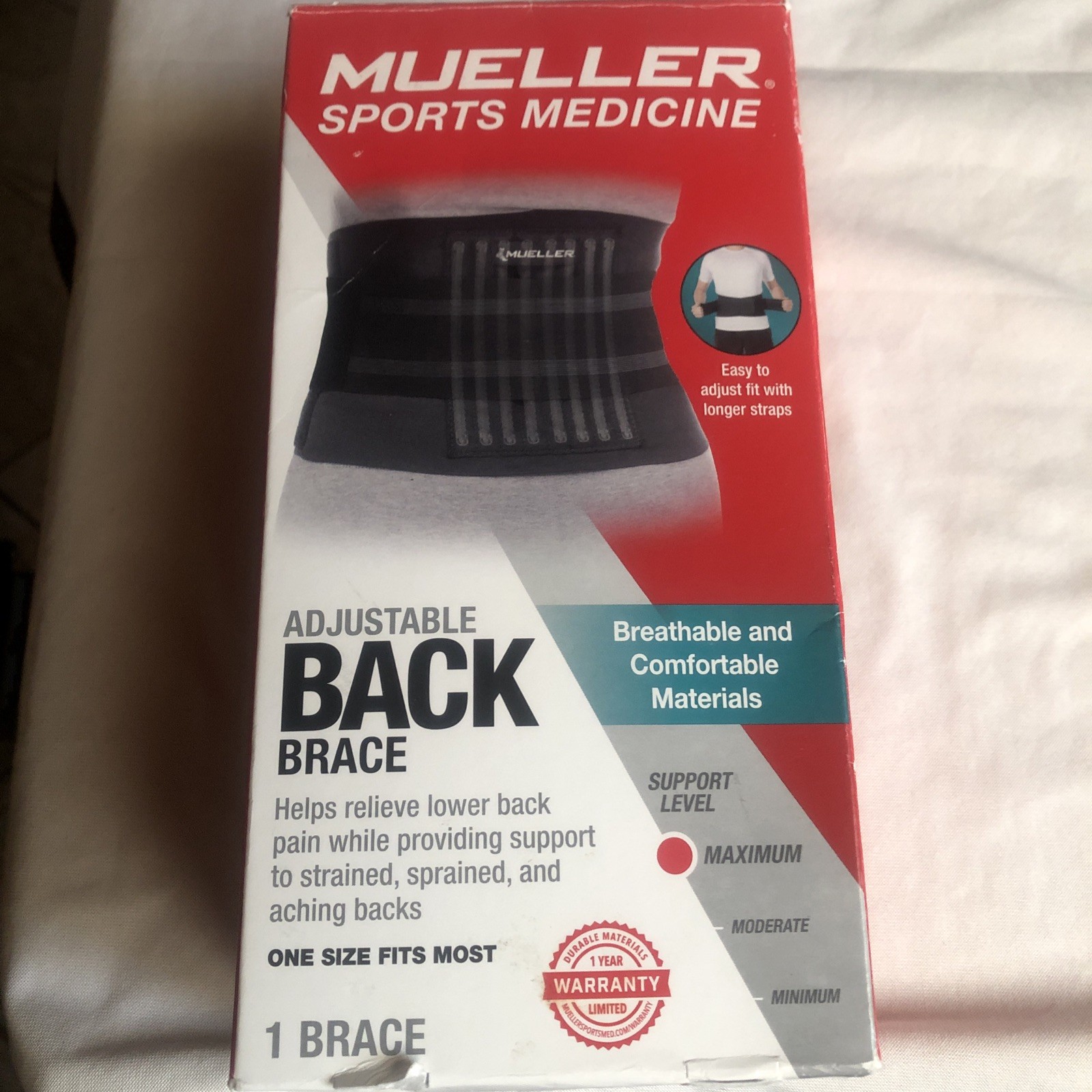 Mueller Adjustable Back Brace Support Belt – One Size Fits Most – Open Box New