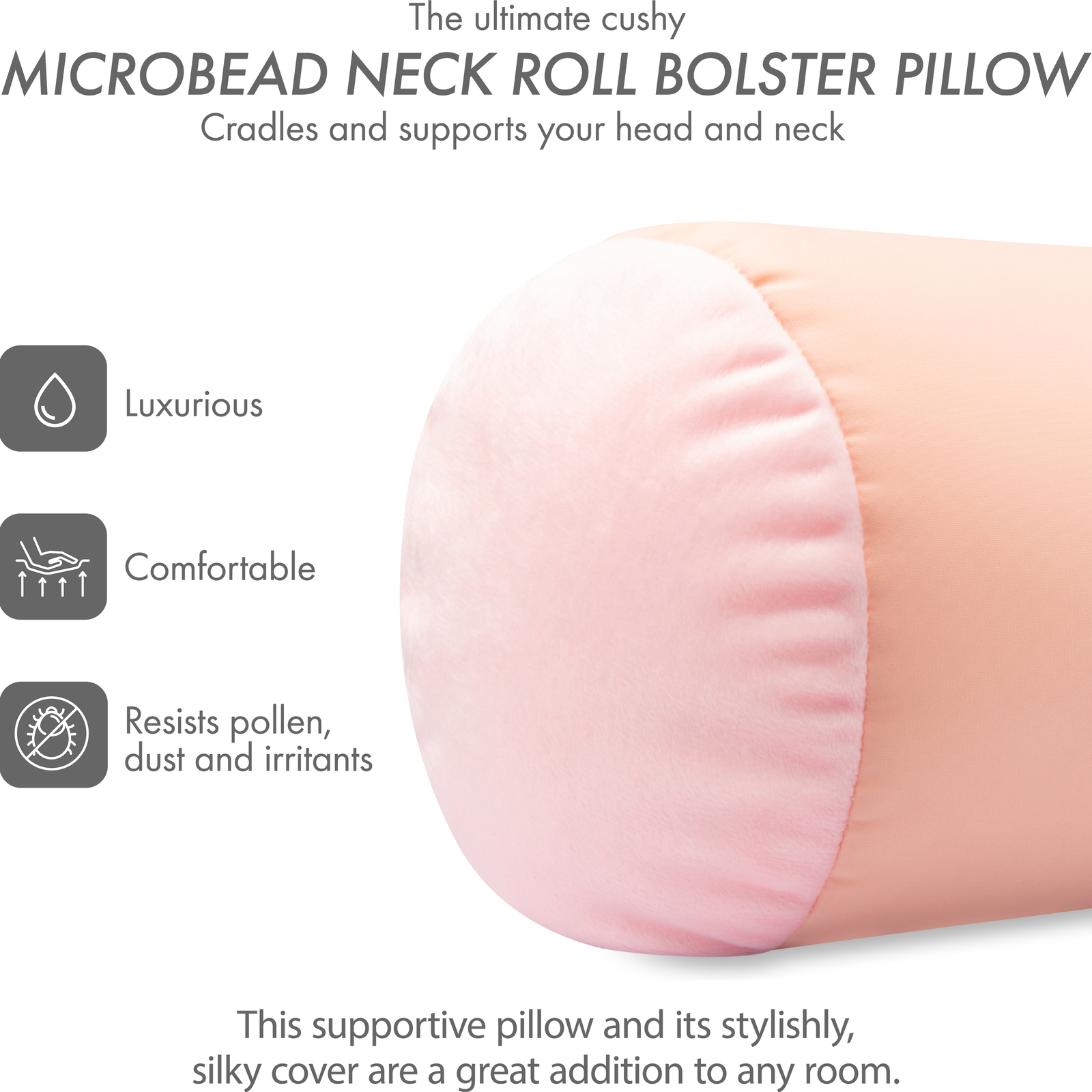 Microbead Bolster Neck Roll Pillow – Silky Feel, 14″ x 8″, Cream Peach