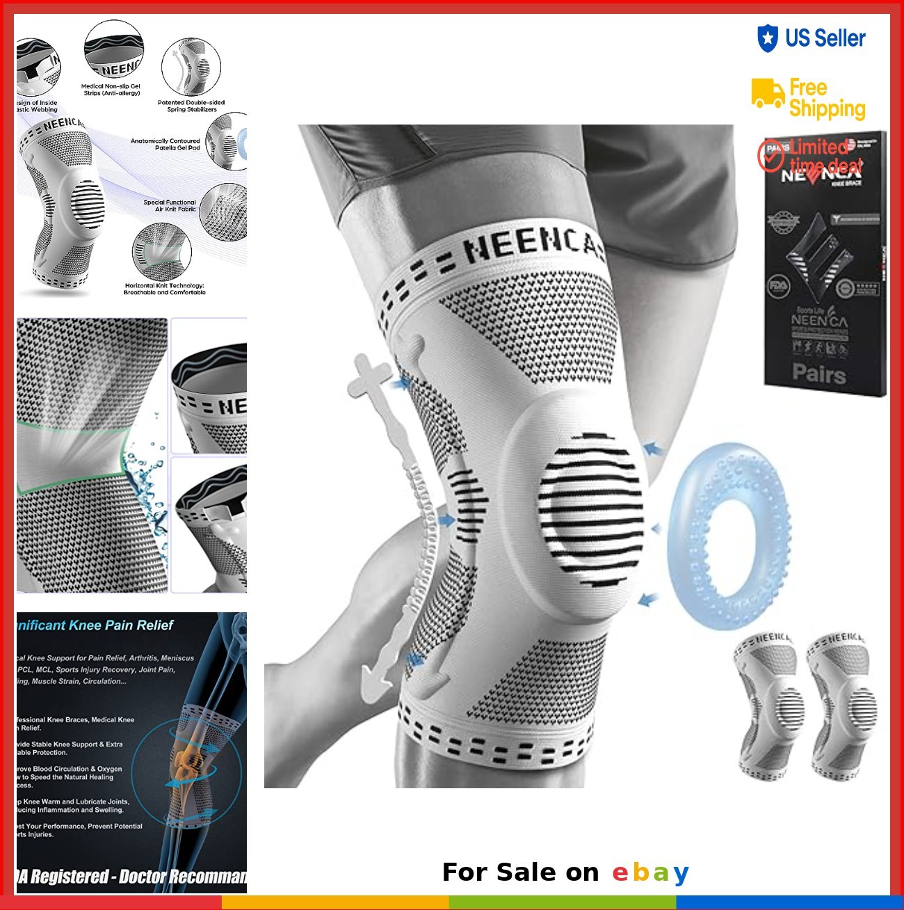 Knee Braces Pack of 2 Compression Sleeves Patella Gel Pad Side Stabilizers