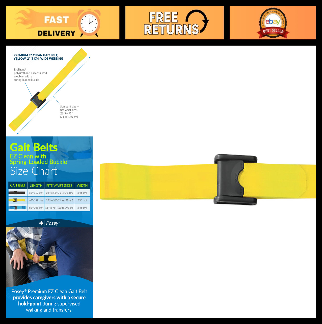 Premium EZ Clean Gait Belt, 60″ with Spring-Loaded Buckle, Yellow – Mobility Aid